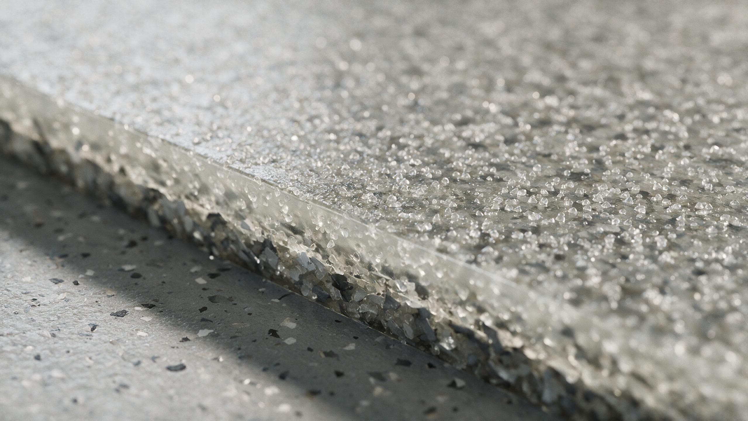 Anti-slip aluminium oxide aggregate suspended in a clear floor topcoat