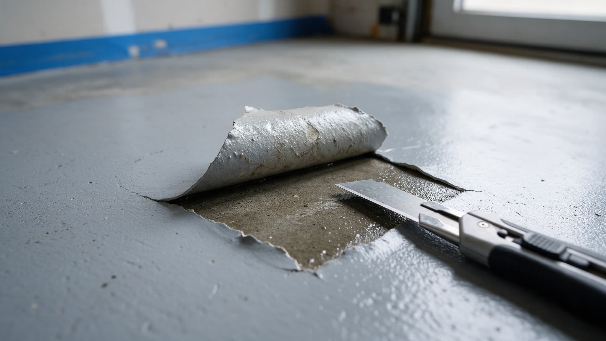 Cut-open moisture blister showing a damp concrete slab beneath the lifted coating