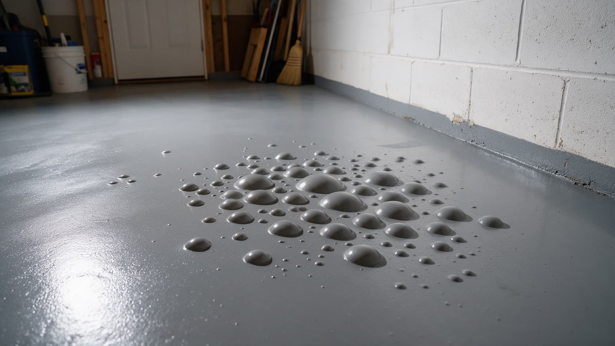 Dome-shaped moisture blisters raised in a coated concrete floor in Charlotte NC