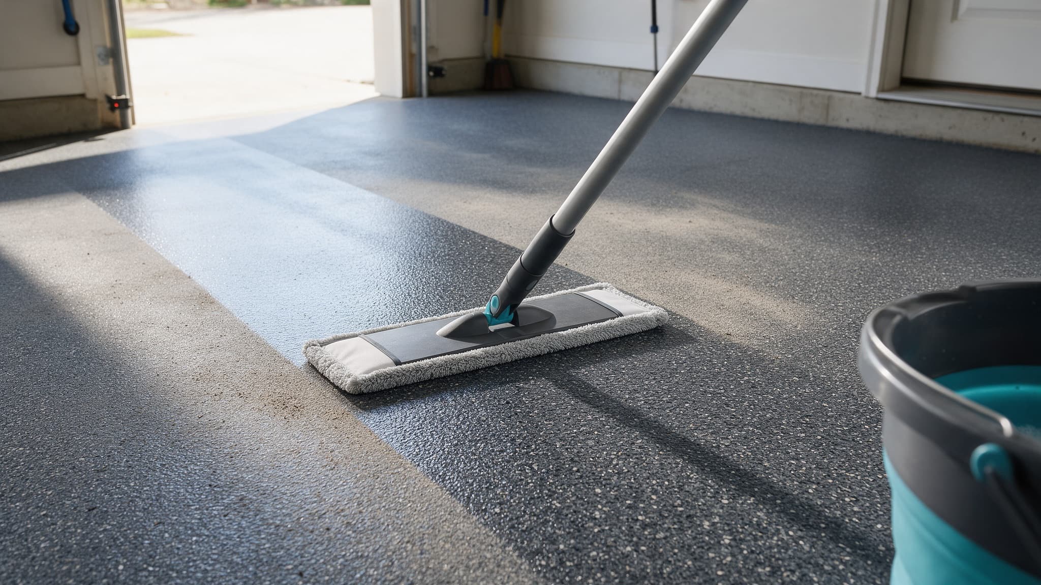 Microfibre flat mop cleaning a charcoal flake garage floor in a Charlotte NC home