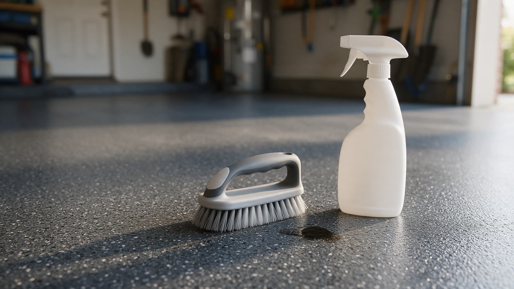 pH-neutral floor cleaner and soft nylon brush beside an oil spot on a coated garage floor