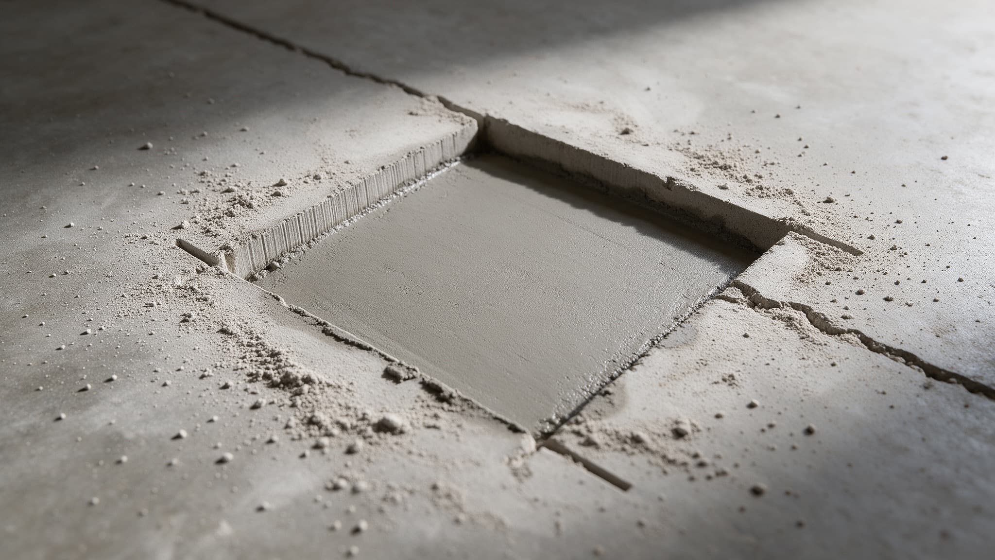 Crack routed into a square channel and filled with rigid repair material before grinding flush