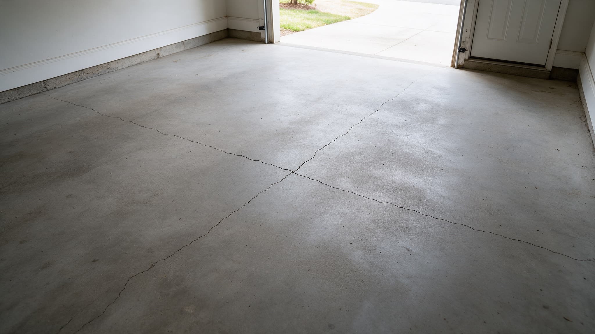 Cracked bare concrete garage slab in a Charlotte NC home before coating preparation