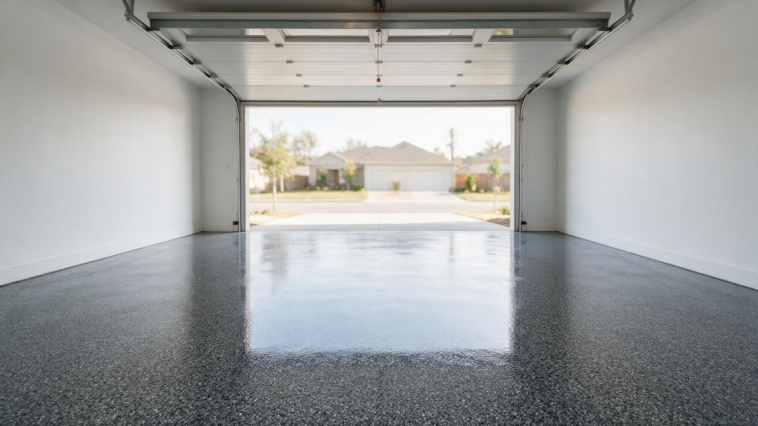 Newly coated charcoal flake garage floor left empty during the cure window