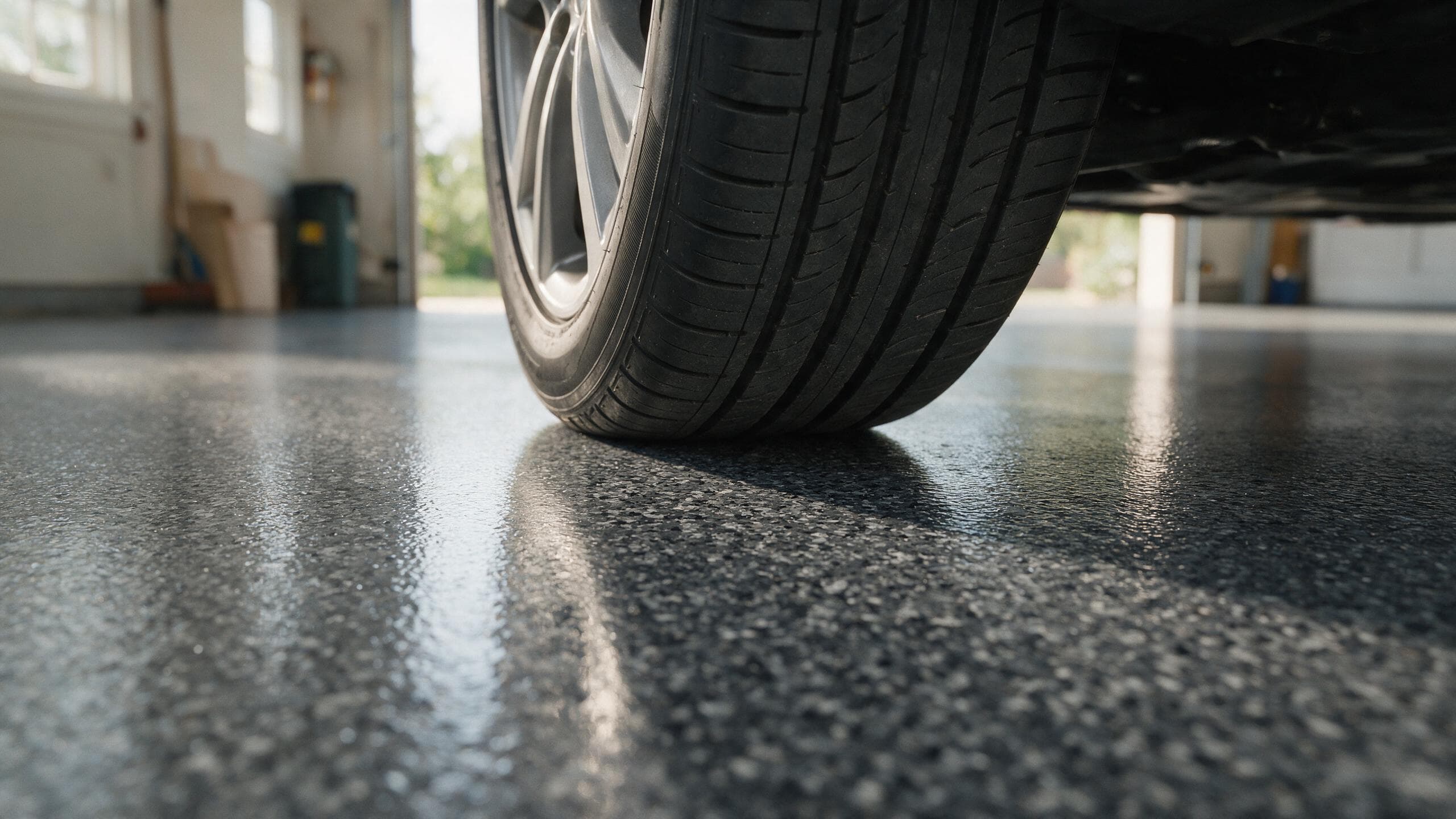 Car tyre contact patch resting on a fully cured flake garage floor coating