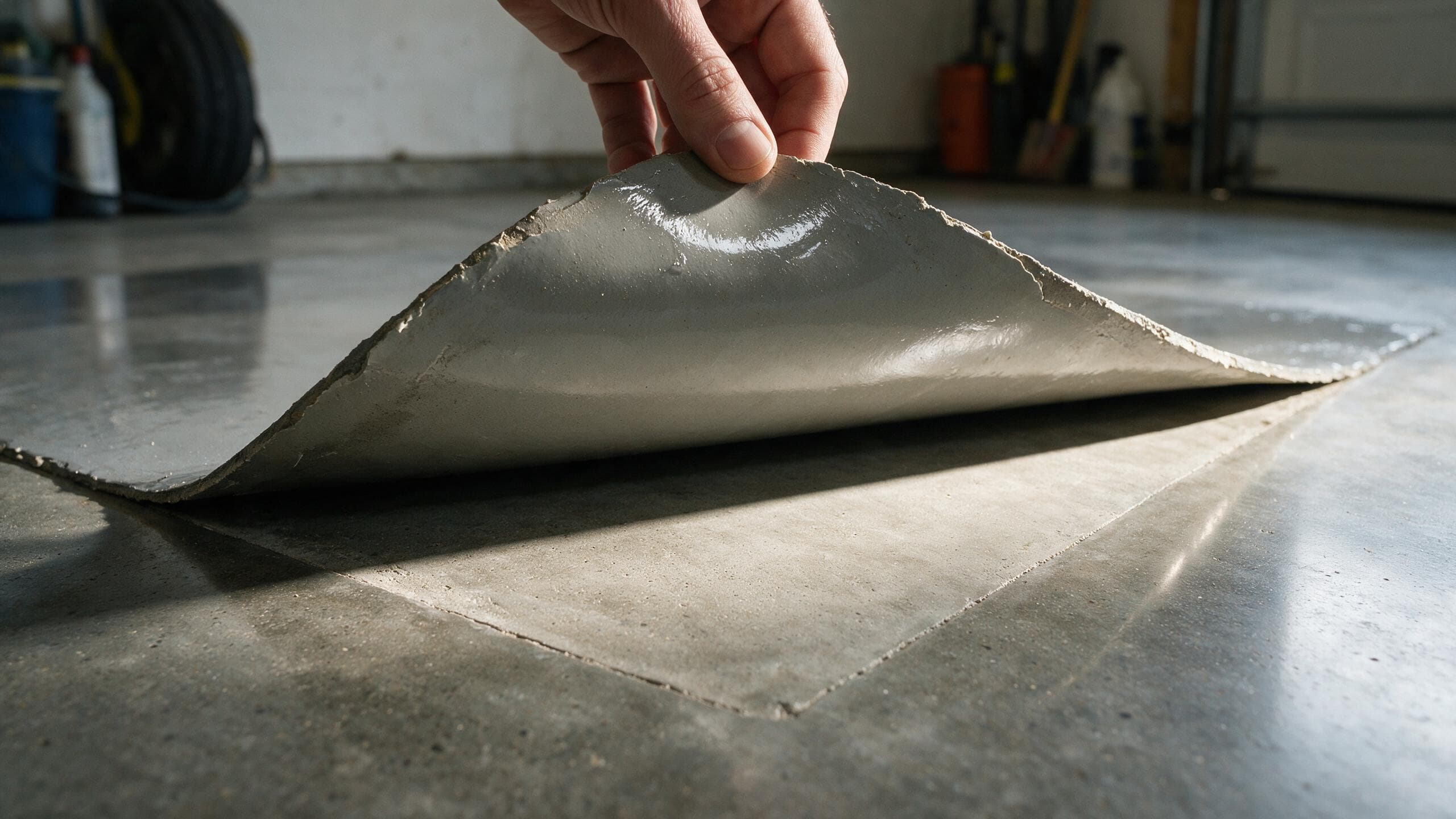 Underside of delaminated floor coating showing a clean release from an unground slab