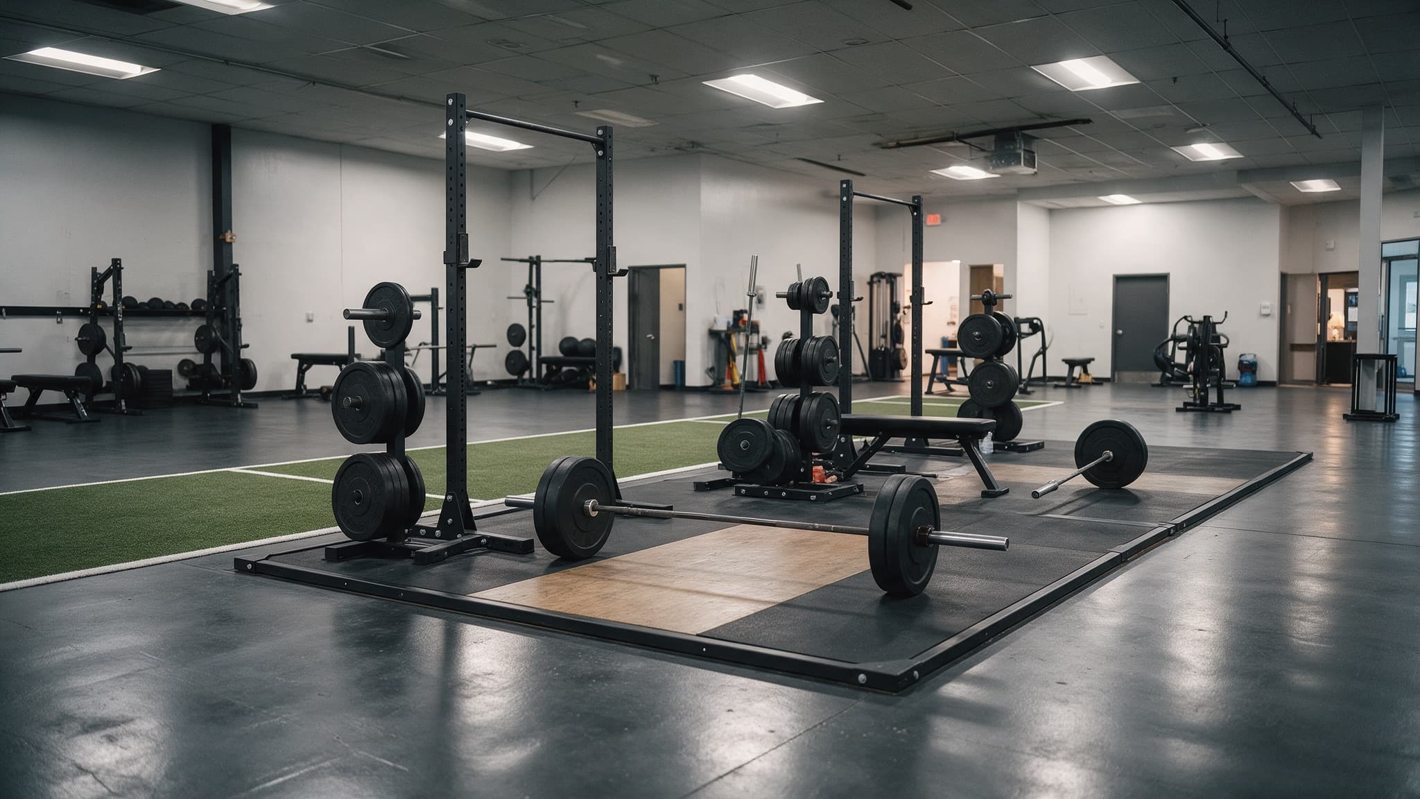 Charlotte NC gym with a dark grey coated concrete floor, a rubber lifting platform zone and an open turf lane