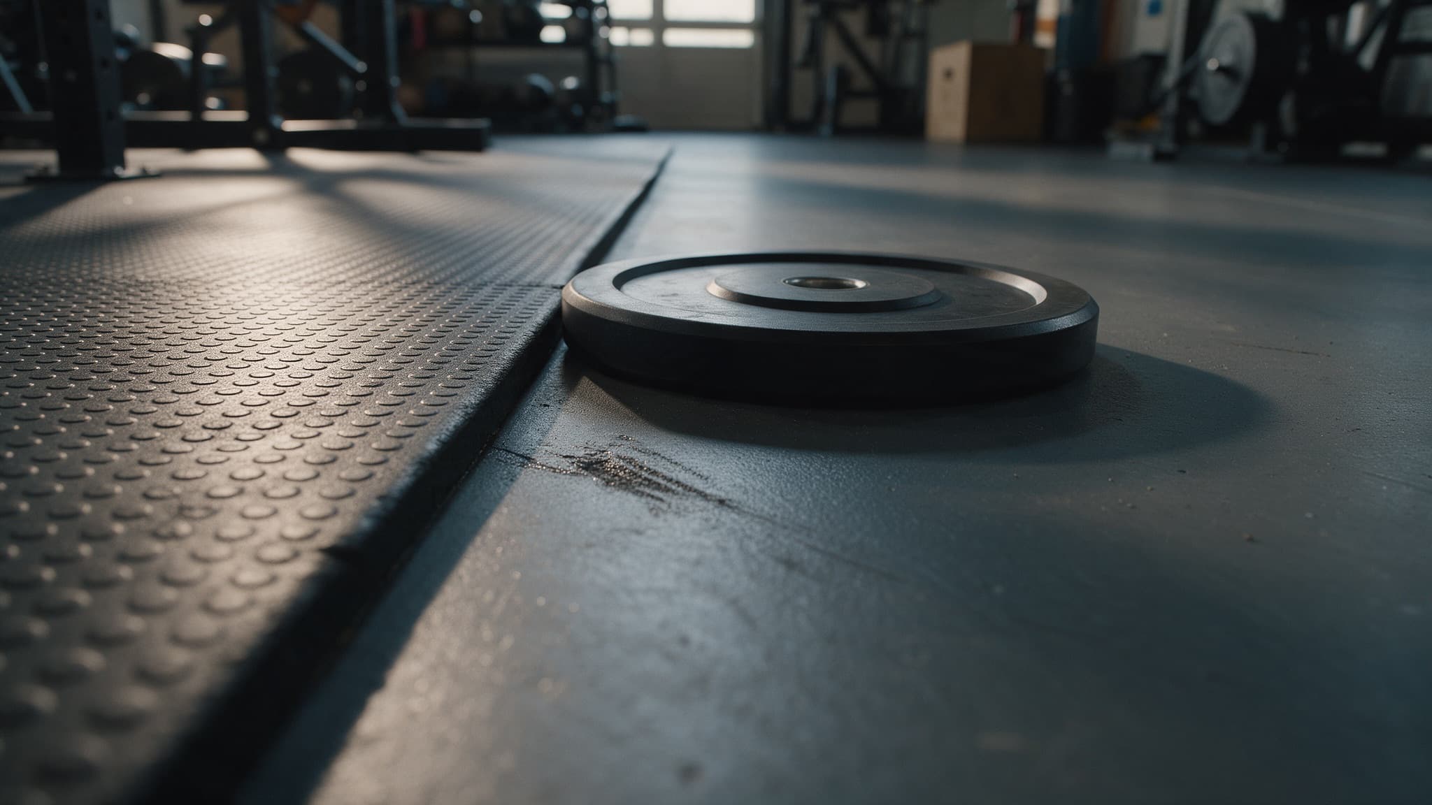 Edge of a rubber gym tile meeting dark grey coated concrete with a loaded barbell plate resting beyond it
