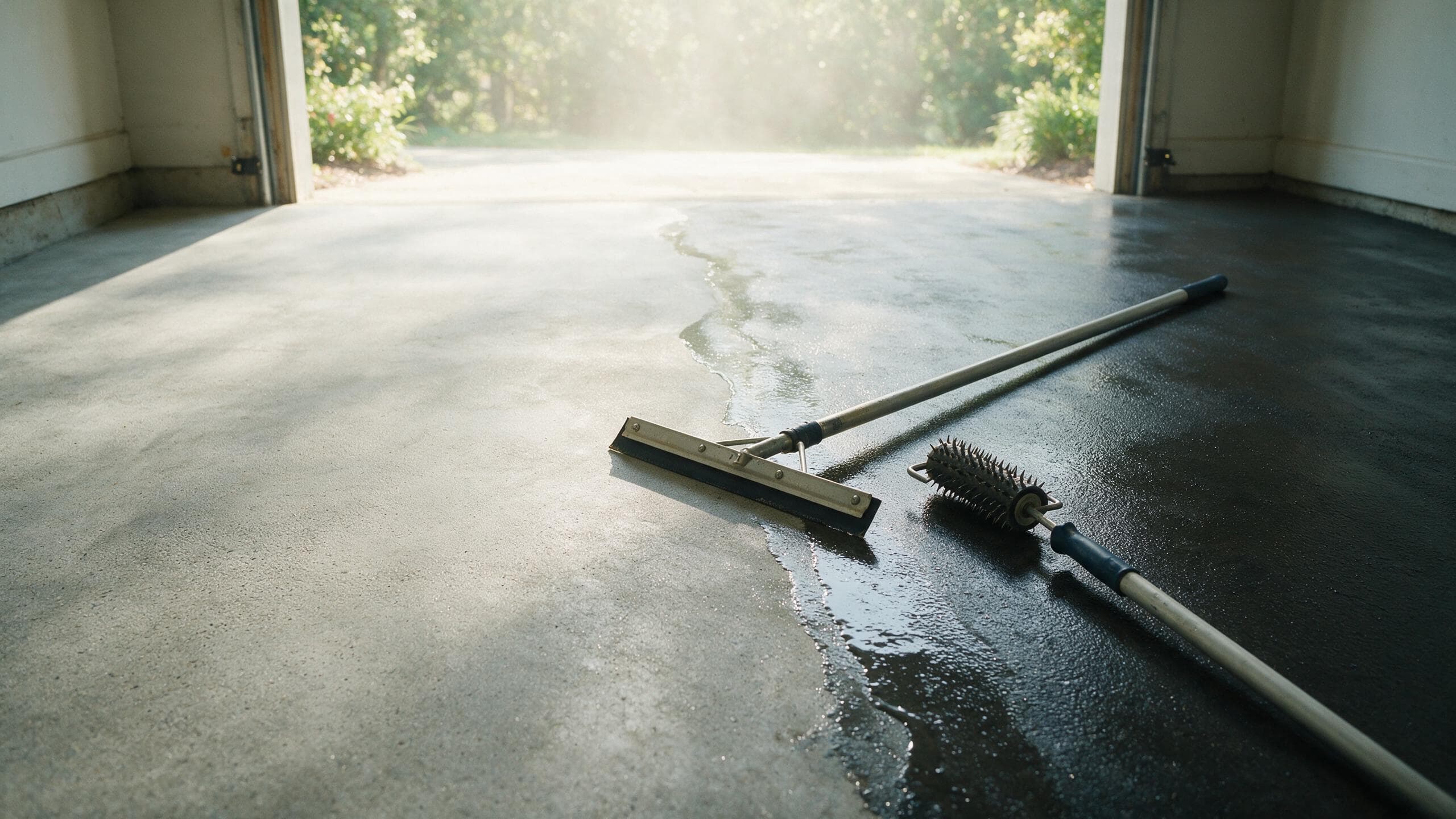 Garage floor coating install in progress during a humid Charlotte NC summer
