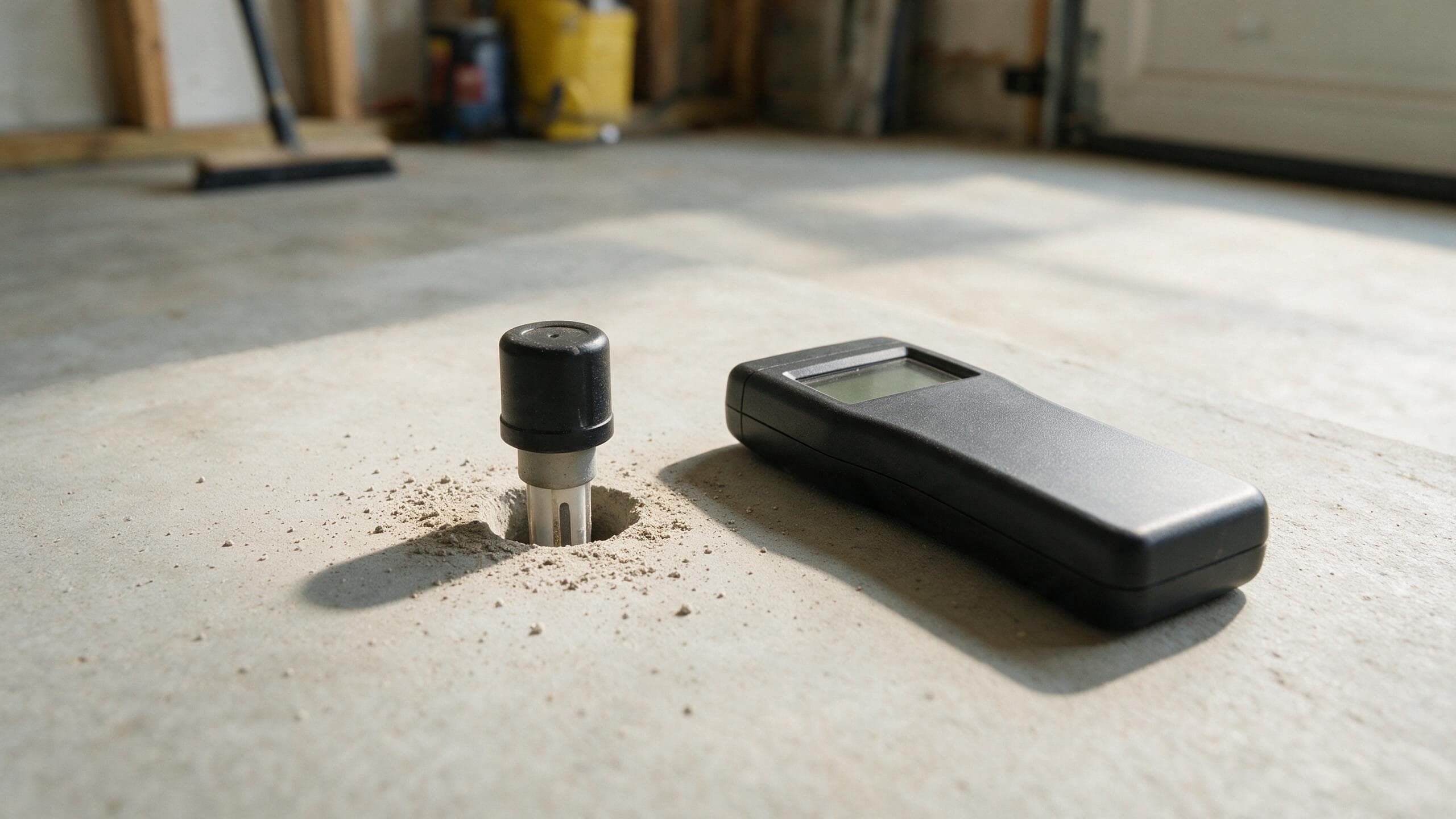 In-slab relative humidity probe and meter testing a concrete garage slab before coating
