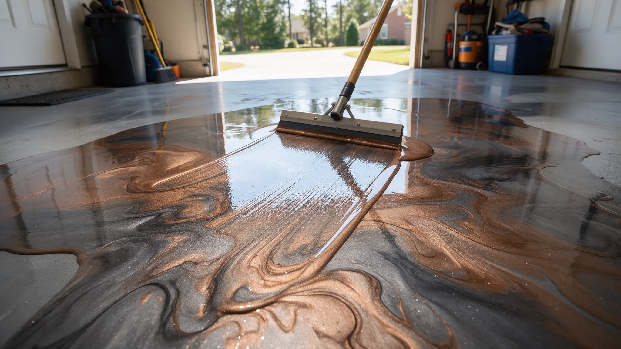 Bronze and charcoal metallic pigment marbling in wet resin behind a squeegee during installation