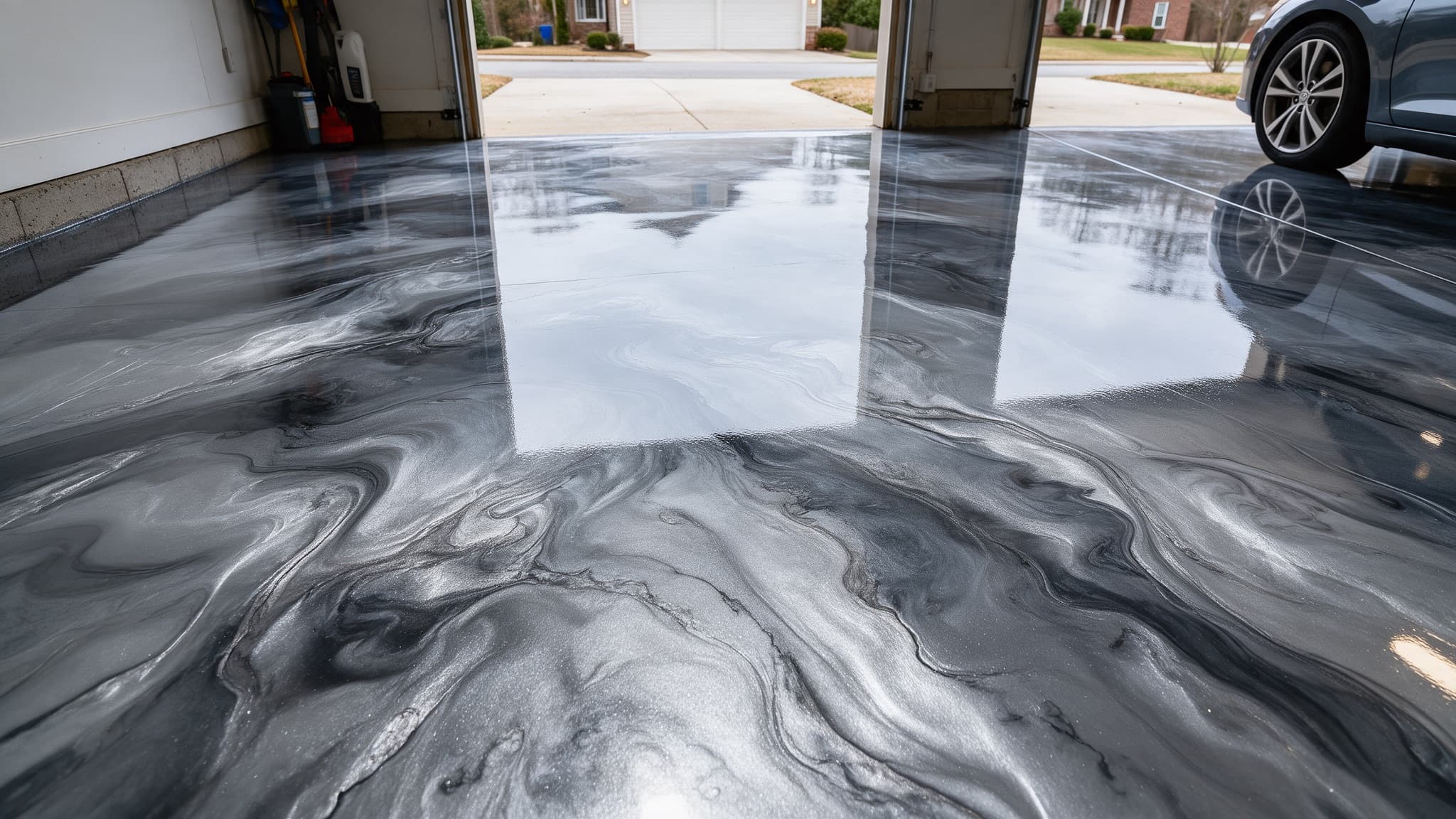 Pearl silver and charcoal metallic epoxy floor with marbled movement in a Charlotte NC garage