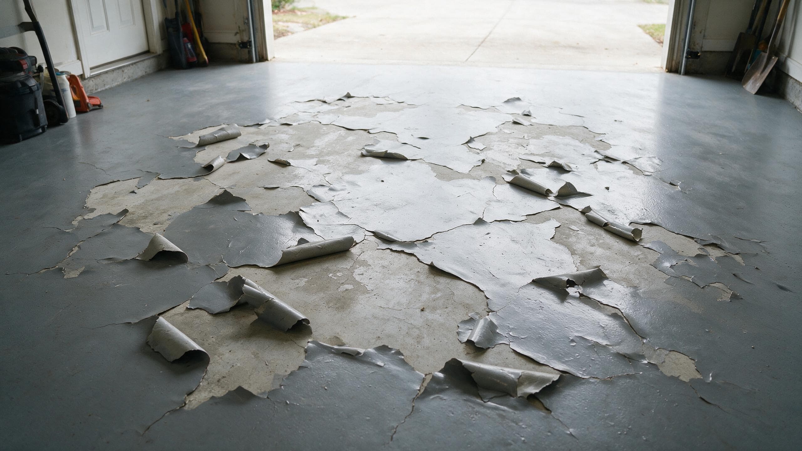 Epoxy garage floor coating peeling away in sheets exposing bare concrete