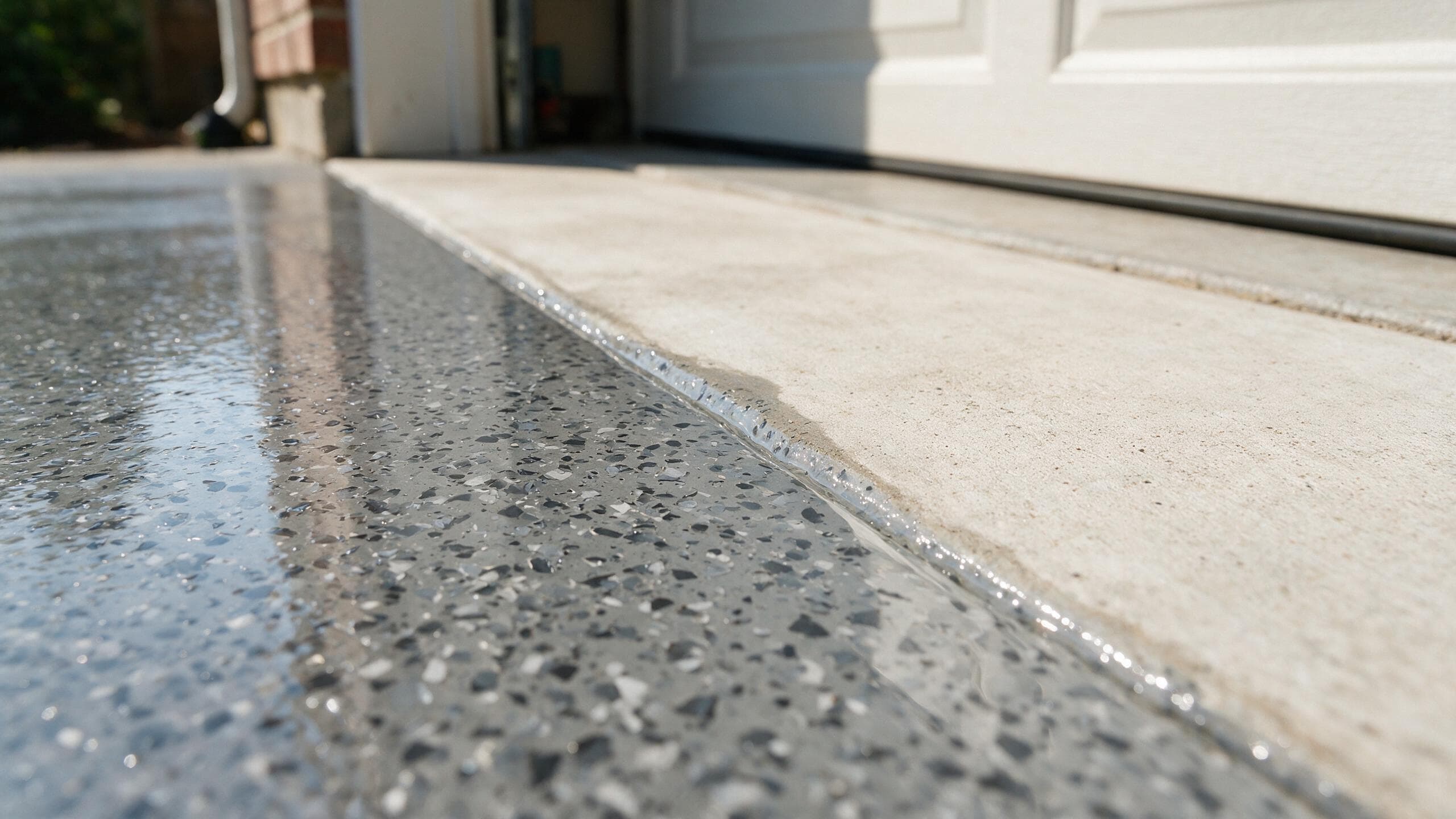 Close-up of polyaspartic coating film thickness and flake at a garage door threshold