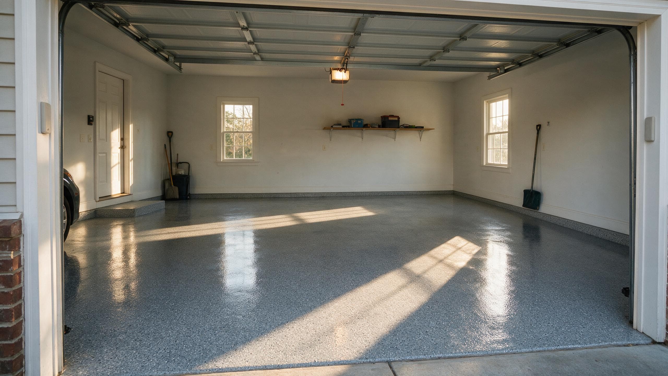 Polyaspartic-coated flake garage floor in a Charlotte NC home in late afternoon light