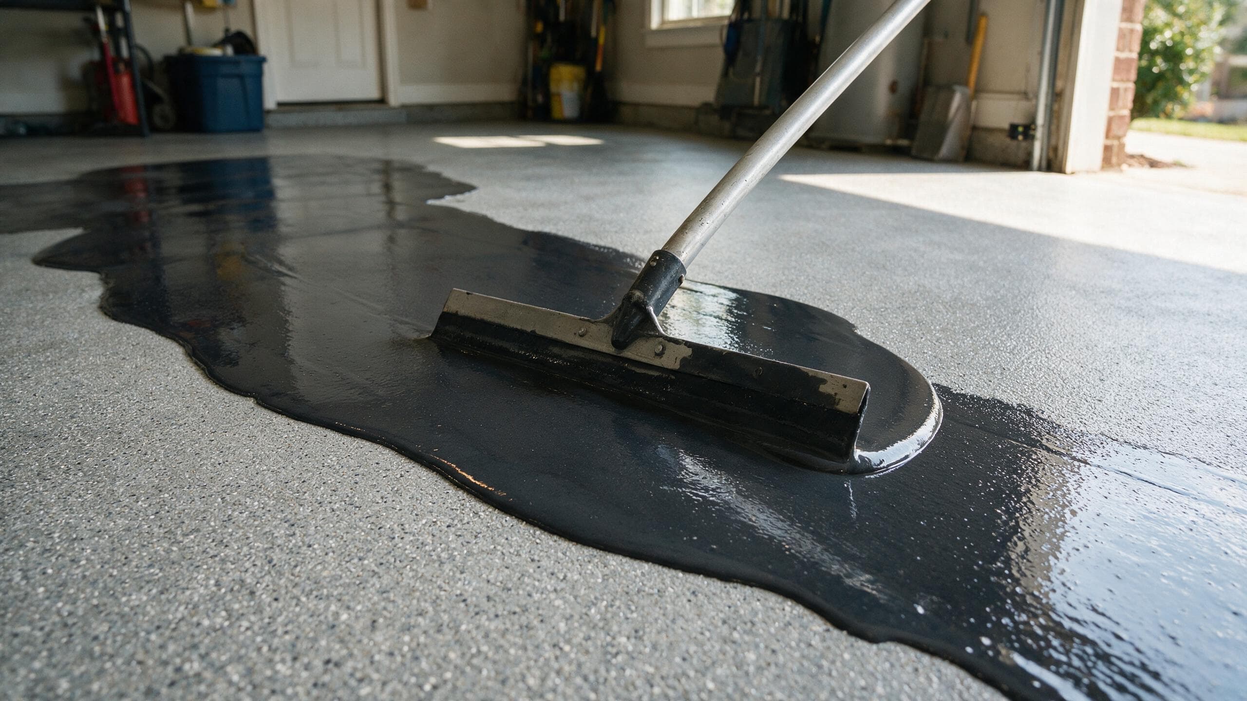 Fast-setting base coat being squeegeed over freshly ground concrete before flake broadcast