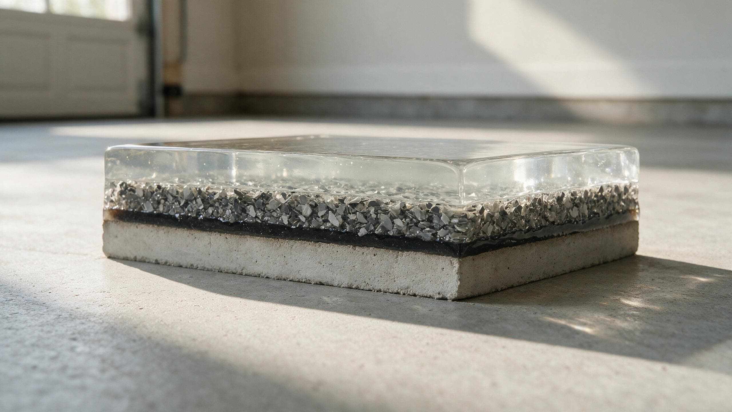 Cross-section of a garage floor coating showing base coat, flake broadcast, and clear topcoat layers