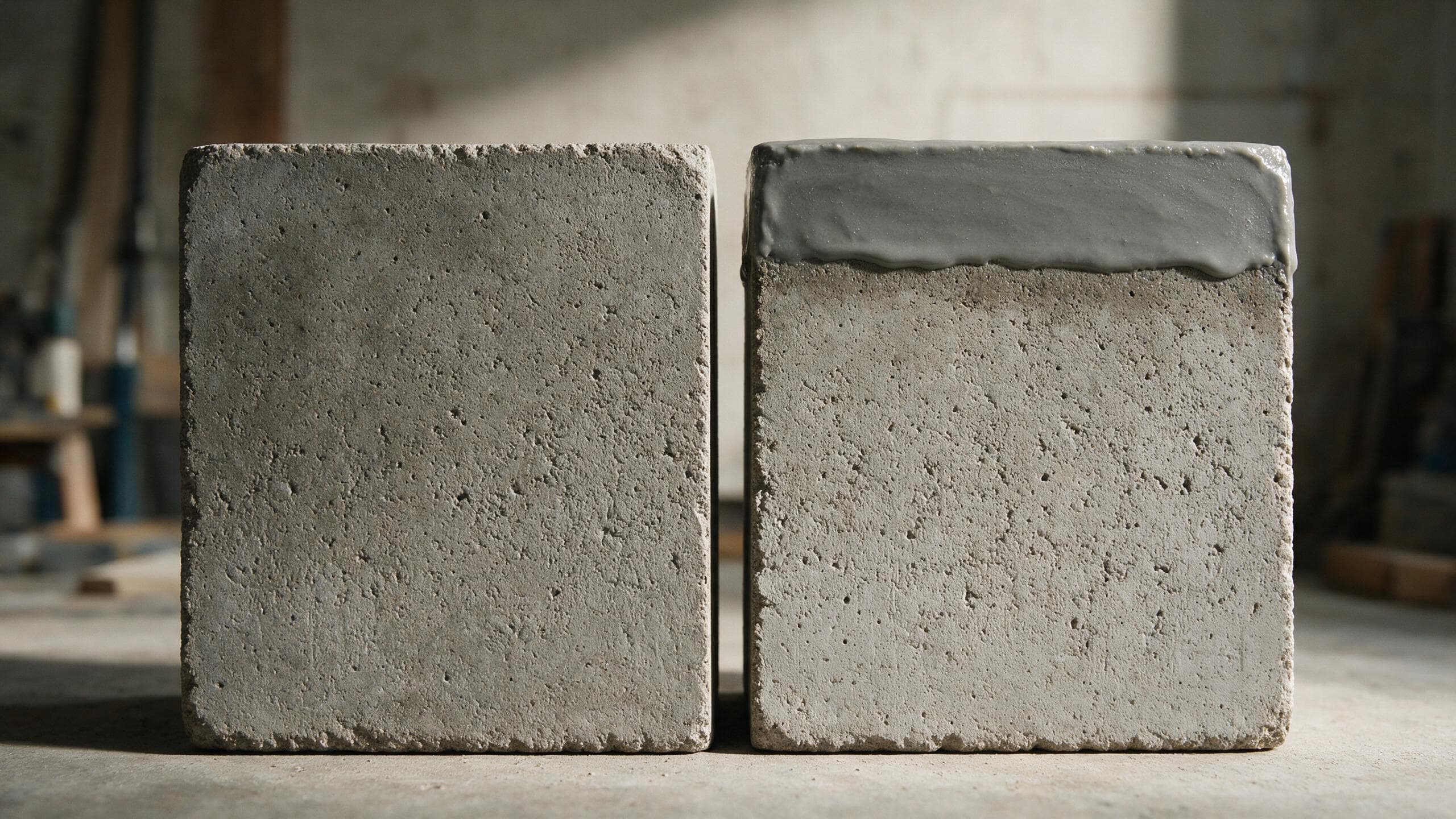 Cross-section comparing a penetrating concrete sealer with a surface coating film