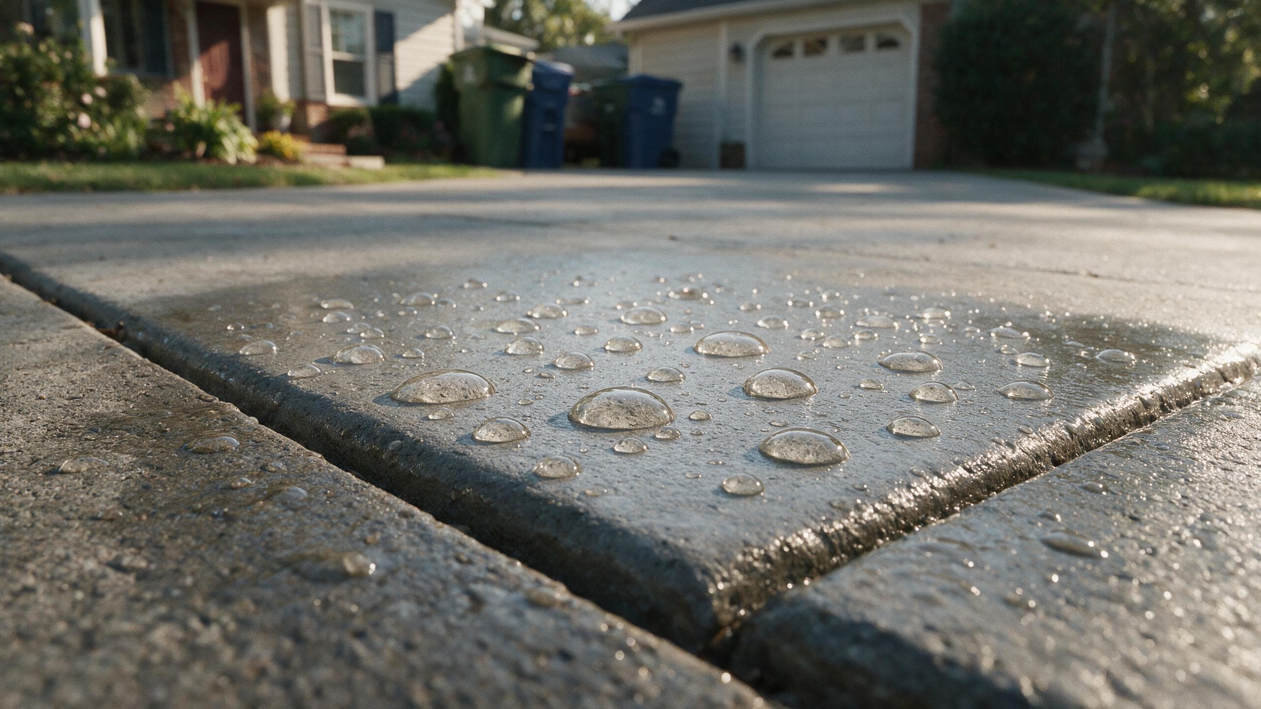 Water beading on penetrating-sealed concrete beside an unsealed section absorbing water