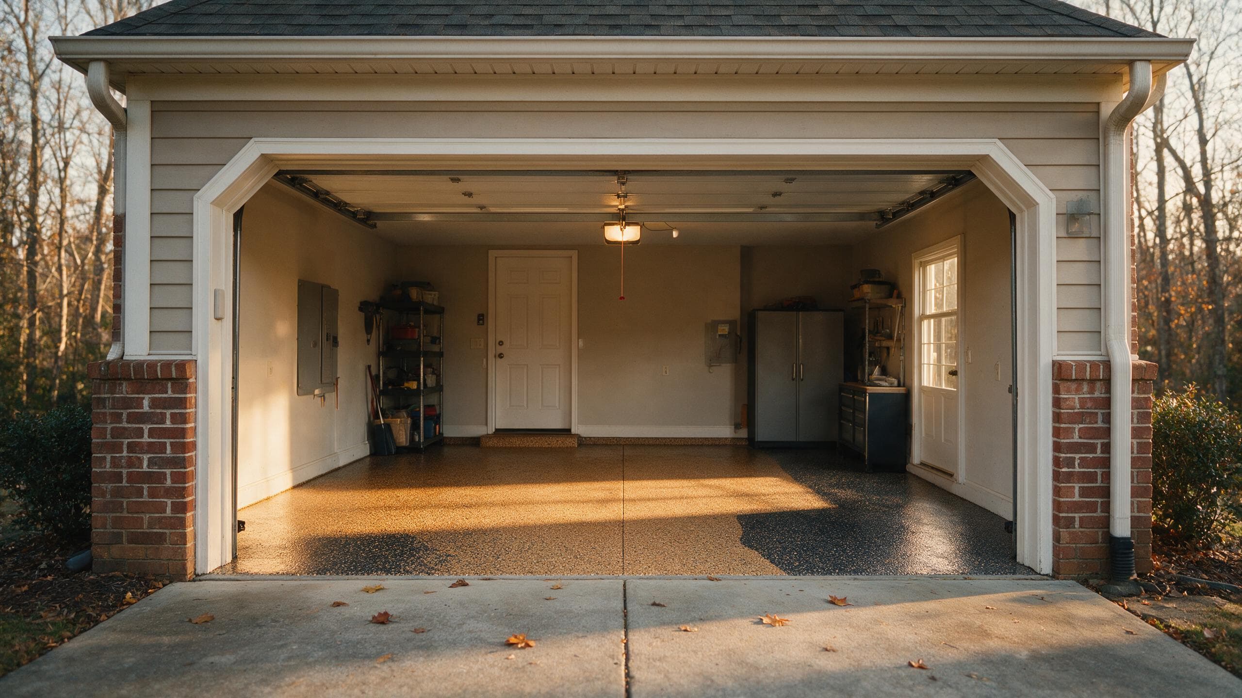 Finished flake garage floor in a Charlotte NC home seen from the driveway in autumn light