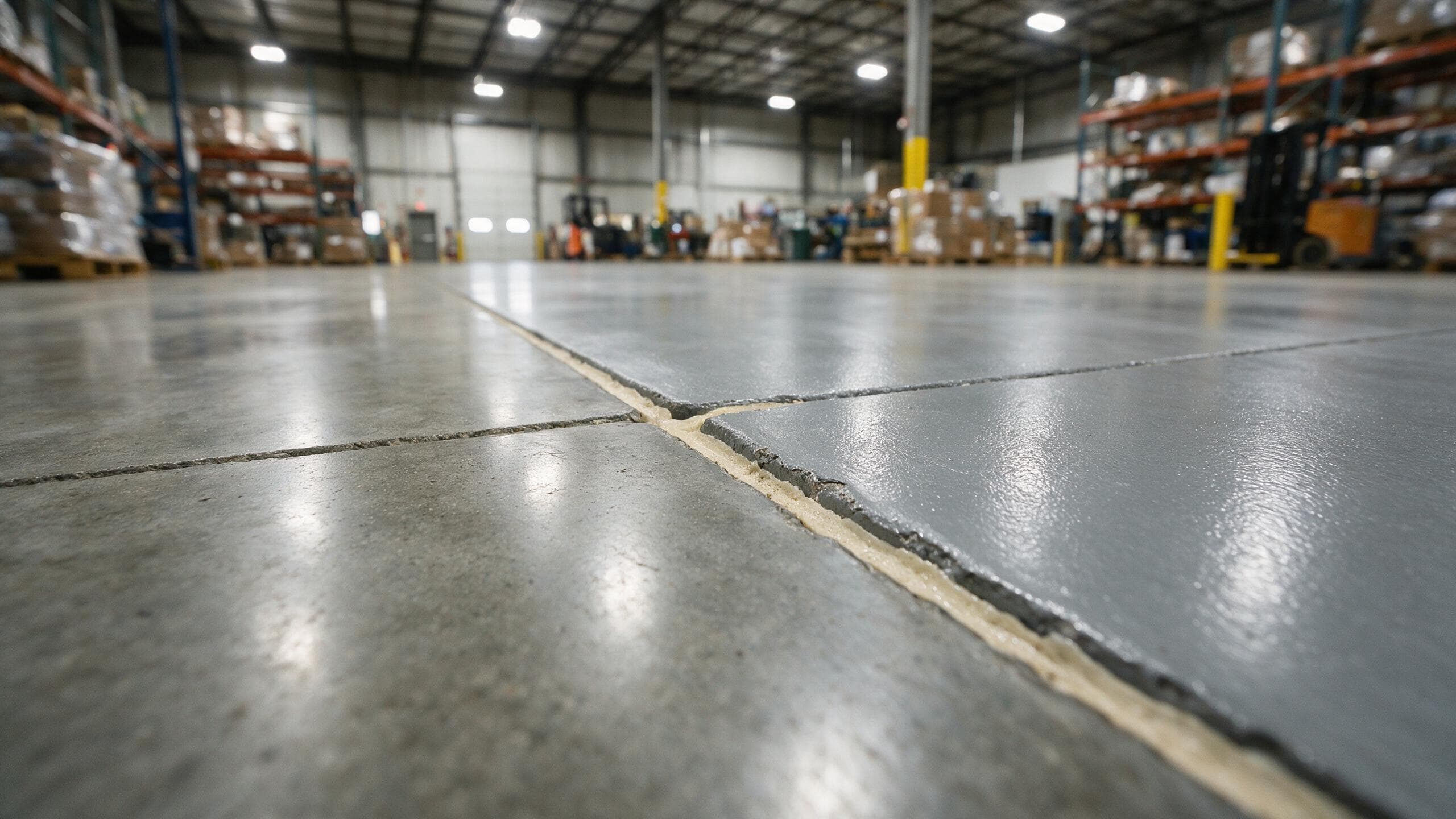 Control joint in a warehouse floor showing polished concrete beside a worn coated edge