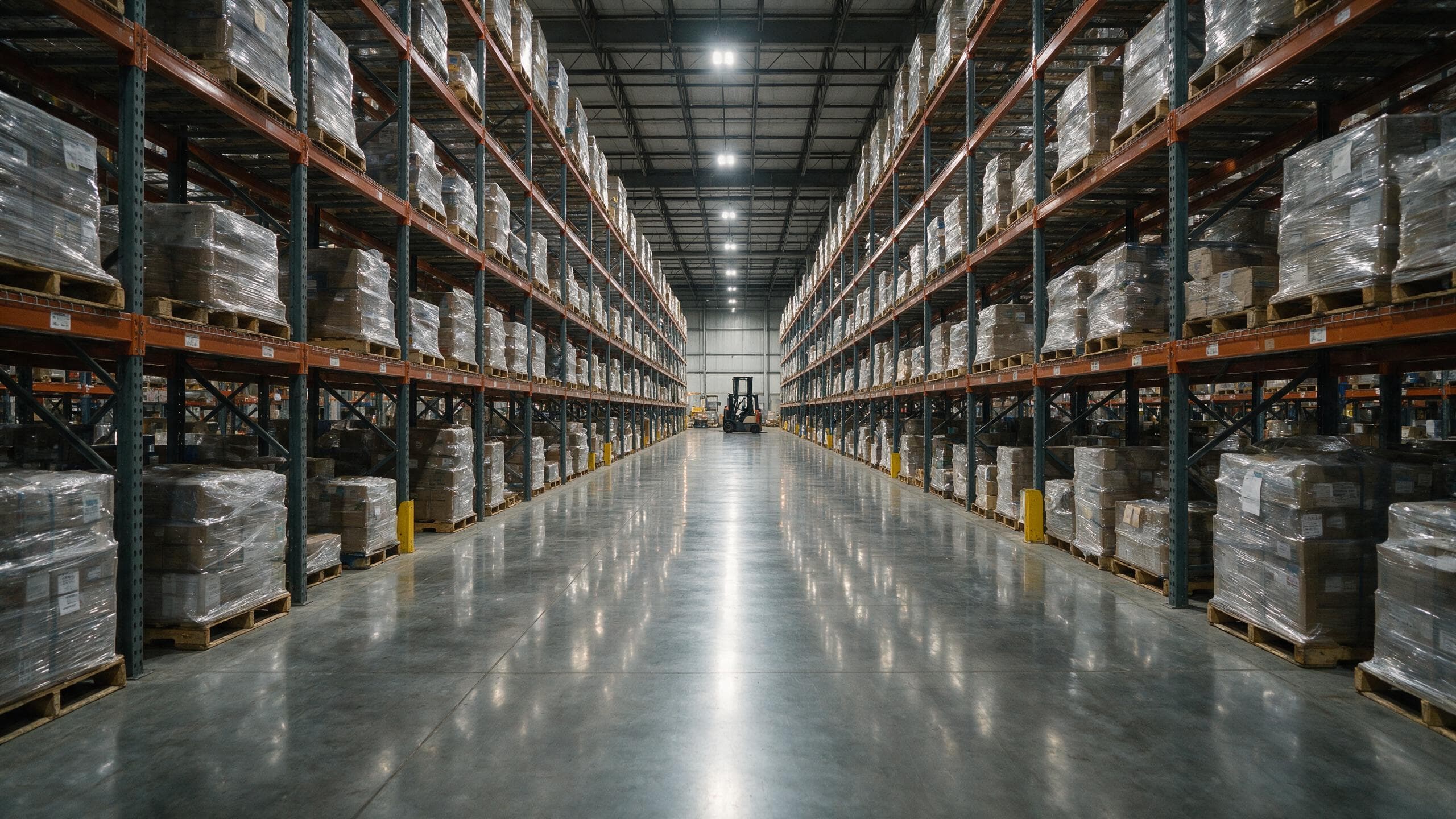 Polished concrete aisle between pallet racking in a Charlotte NC distribution warehouse