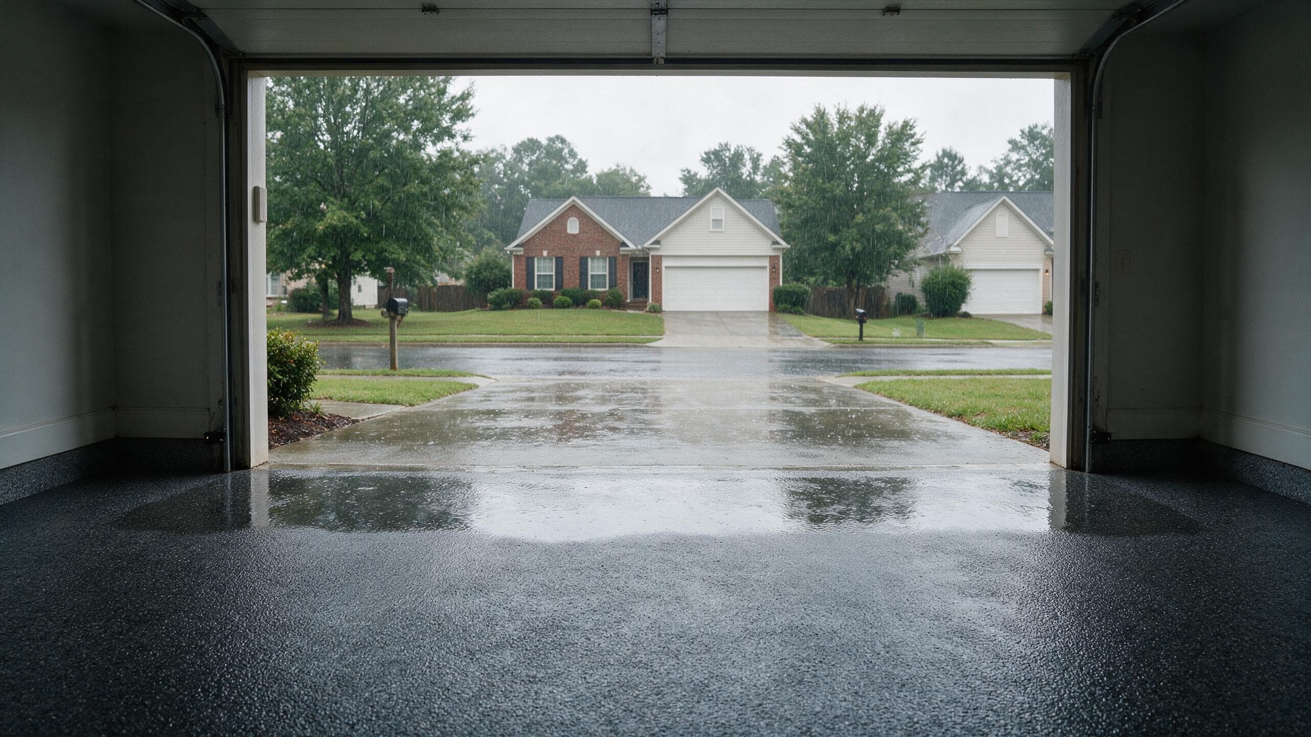 Rain-wet threshold on a textured flake garage floor coating in Charlotte NC