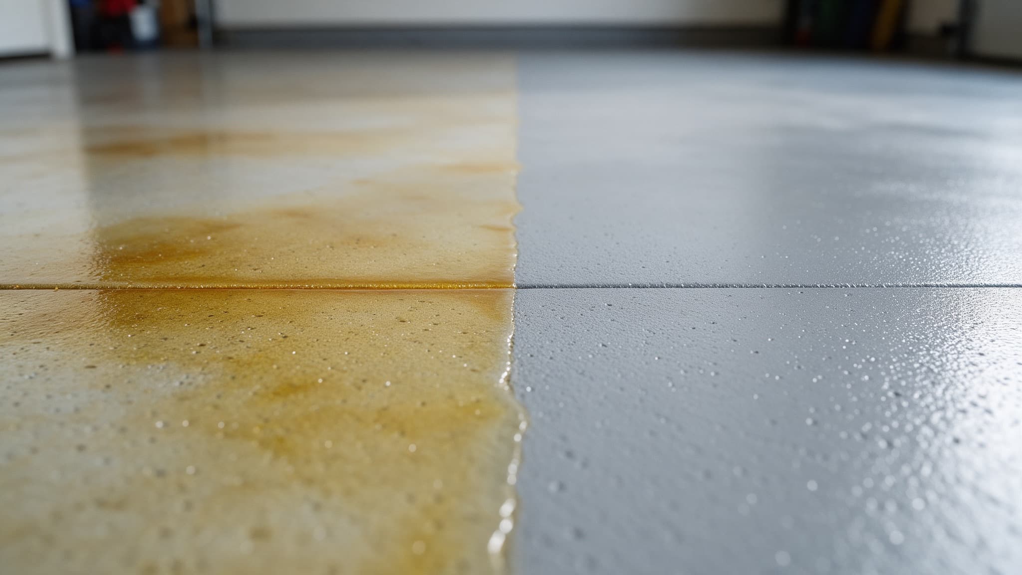 Close-up of the hard boundary between ambered and unaffected epoxy on a garage floor