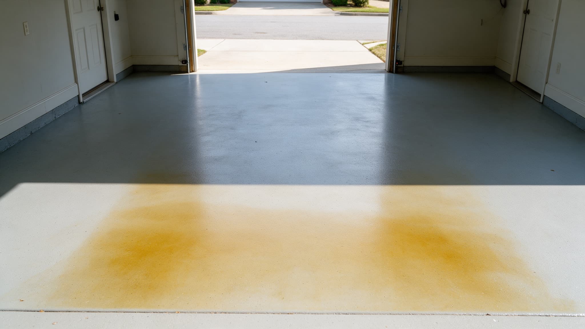 Ambered band across the front of a light grey epoxy garage floor at the door line in Charlotte NC
