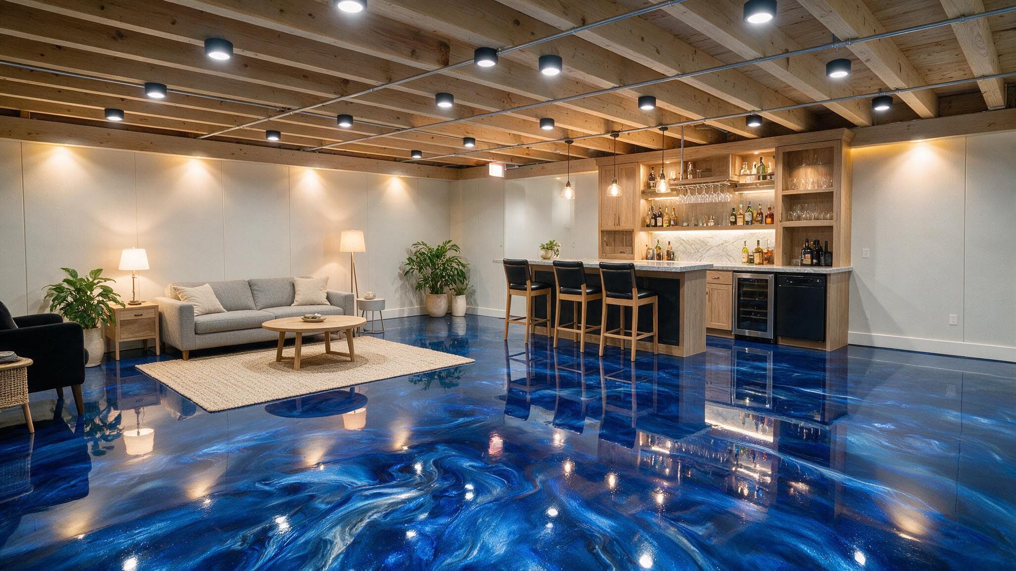 Sapphire metallic epoxy floor — swirled mica pigment