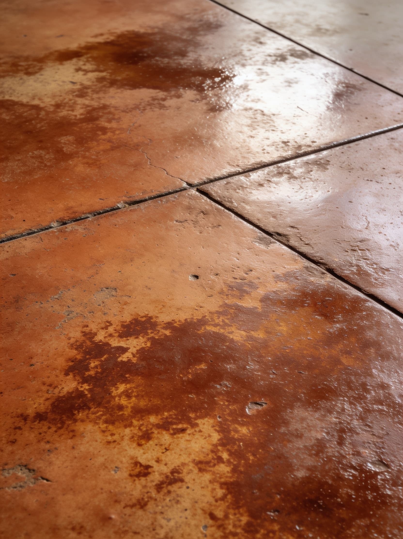 Close-up of acid-stained concrete showing rust and amber mottling with a saw-cut control joint