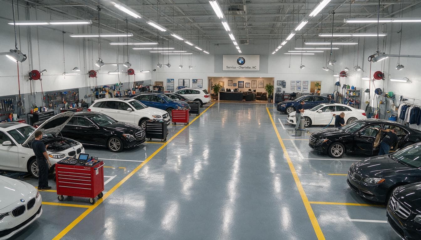 Service bay epoxy floor — auto repair shop, Charlotte NC