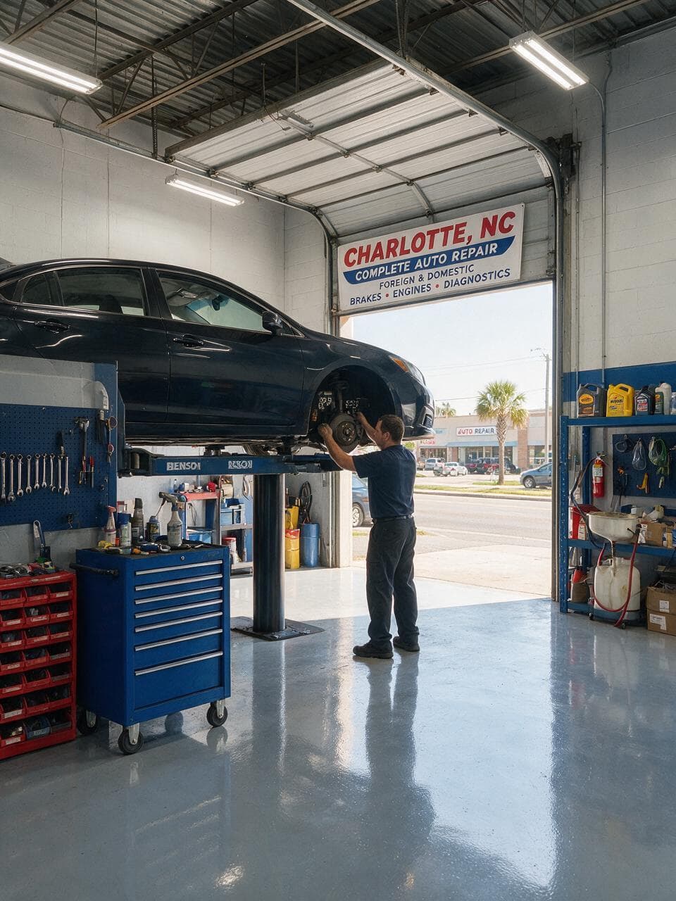 Auto repair shop epoxy floor — full bay view, Charlotte NC