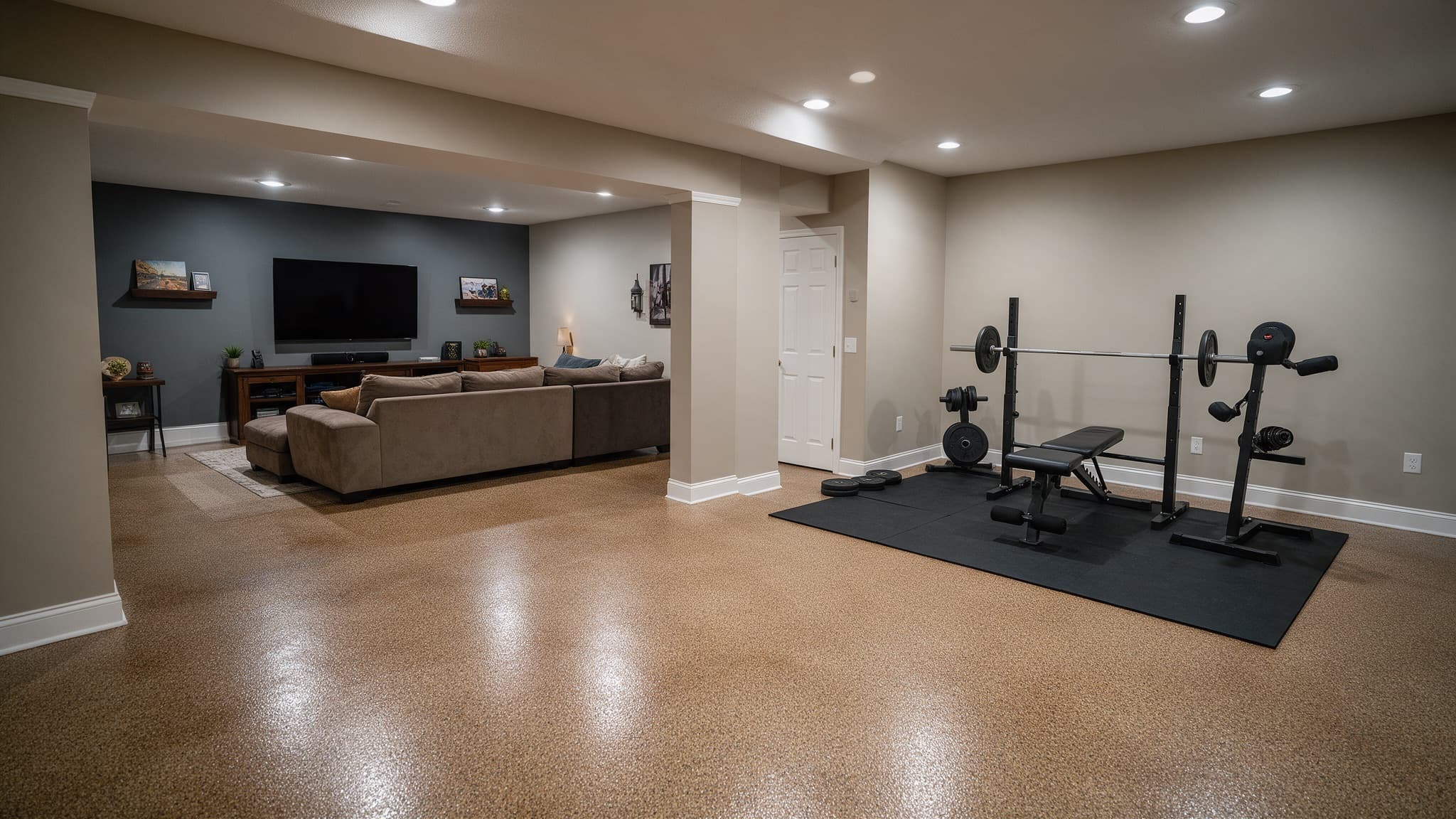 Finished Charlotte NC basement with a warm tan flake coated concrete floor running through living and gym zones