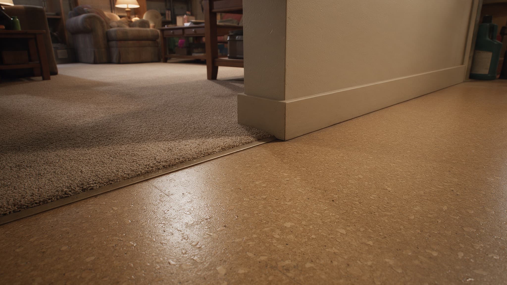 Transition detail where a warm tan flake coated basement floor meets a carpeted seating zone