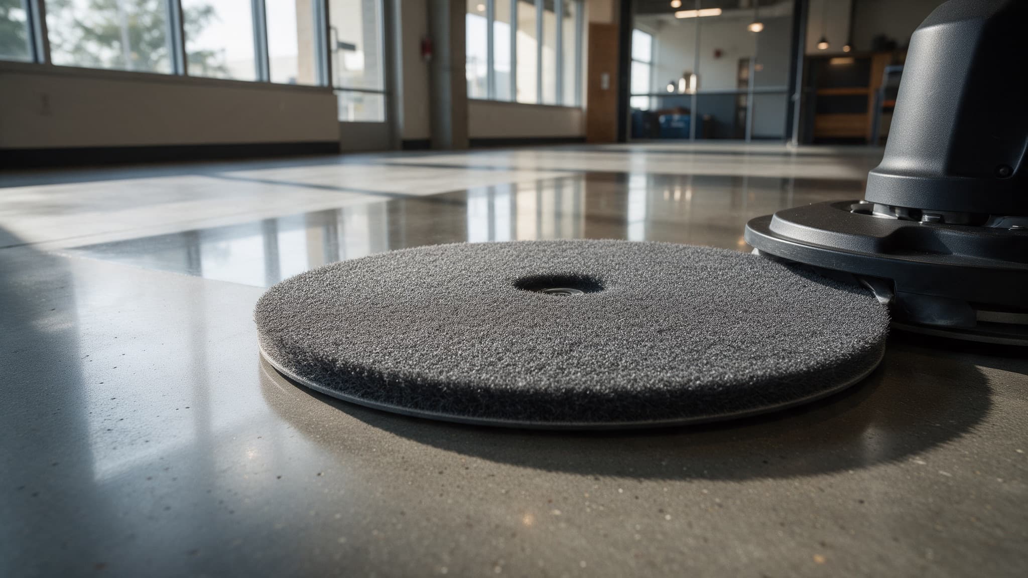 High speed burnisher pad restoring clarity on a polished concrete floor