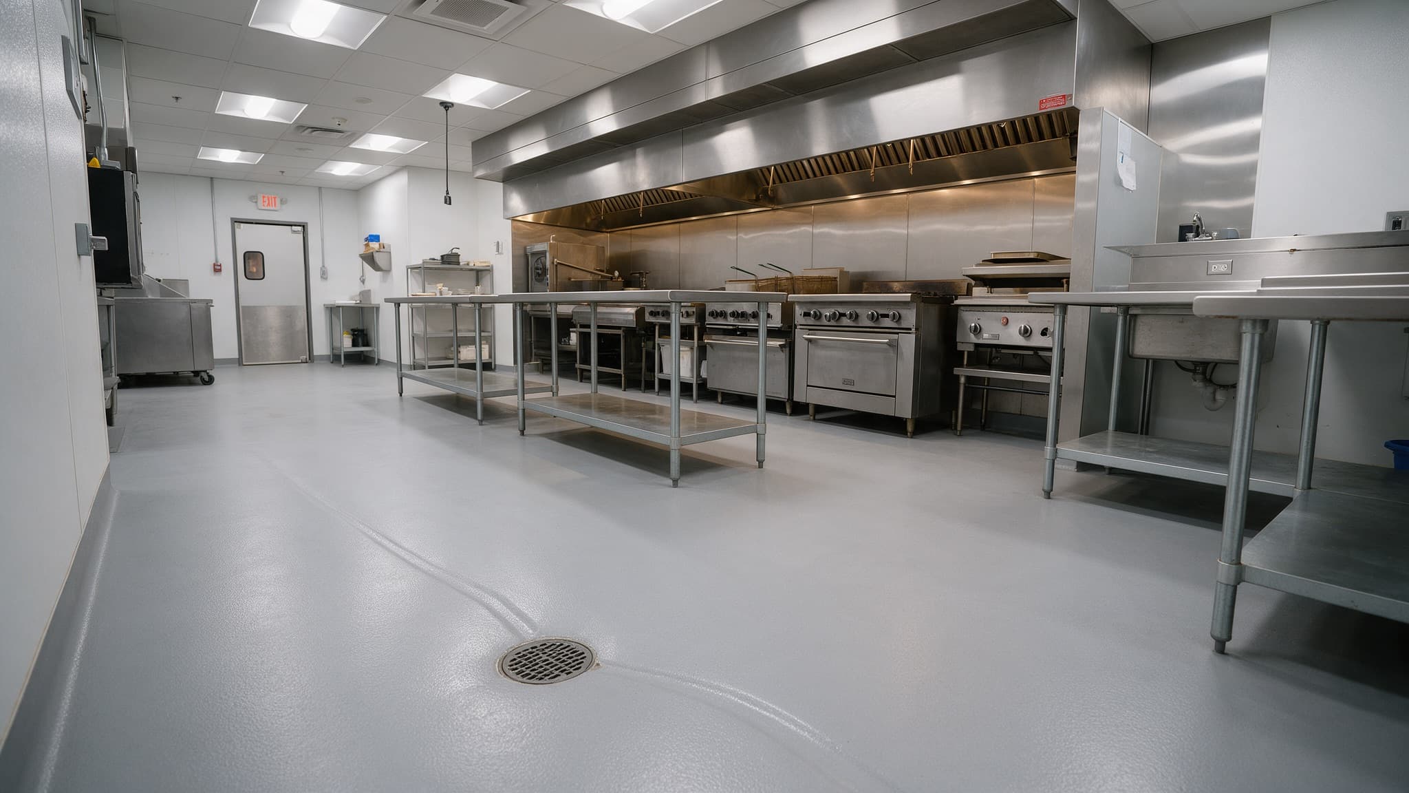 Commercial restaurant kitchen in Charlotte NC with a continuous light grey resin floor graded to a floor drain