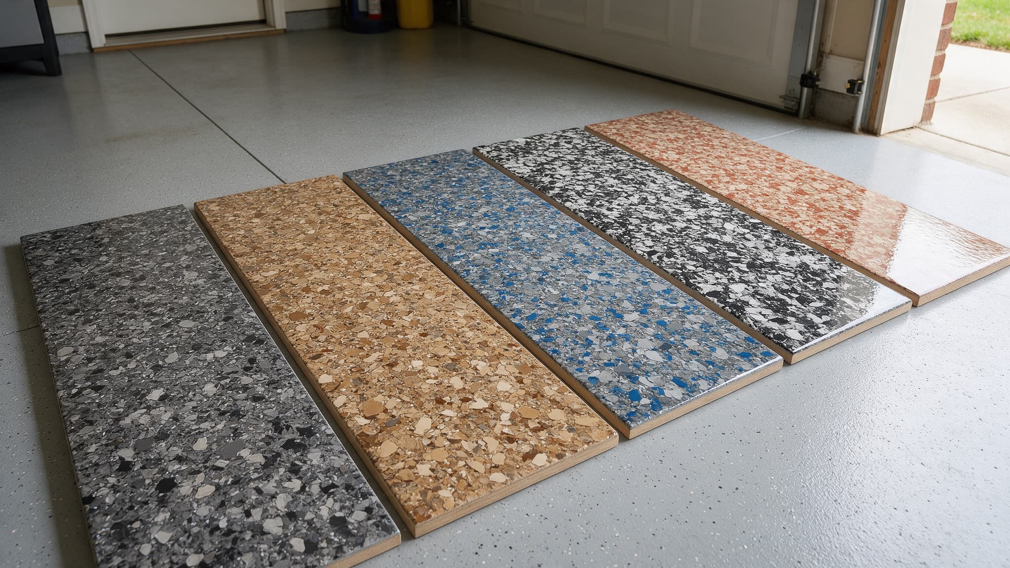 Five decorative flake blend sample panels laid side by side on a Charlotte NC garage floor