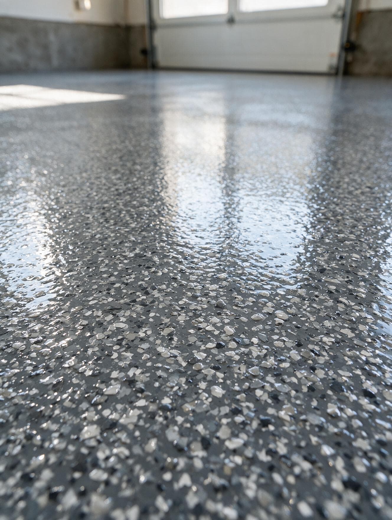 Full-flake epoxy garage floor Charlotte NC — grey and white chip system