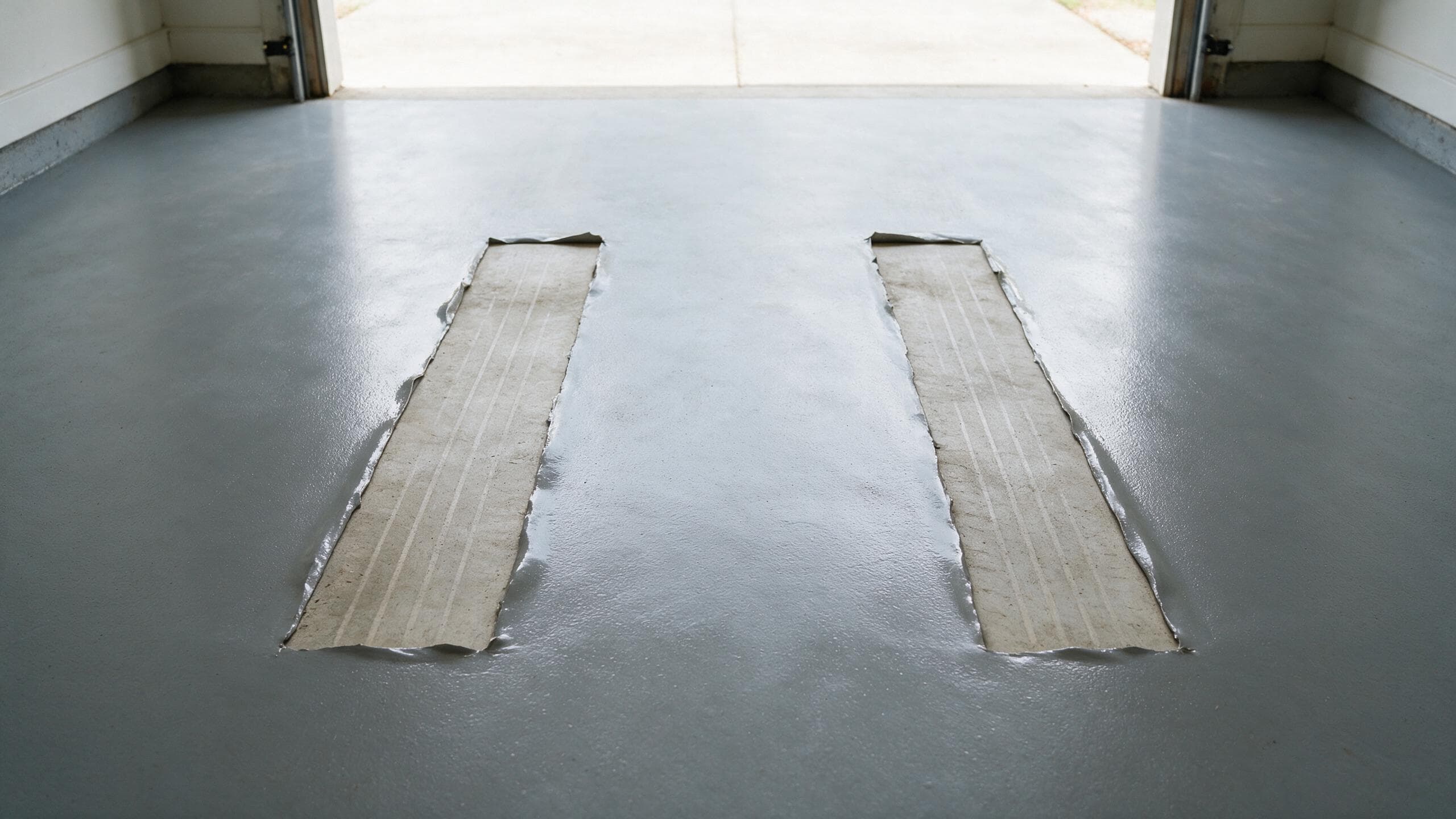 Tyre-shaped patches of coating lifted from a garage floor by hot tire pickup