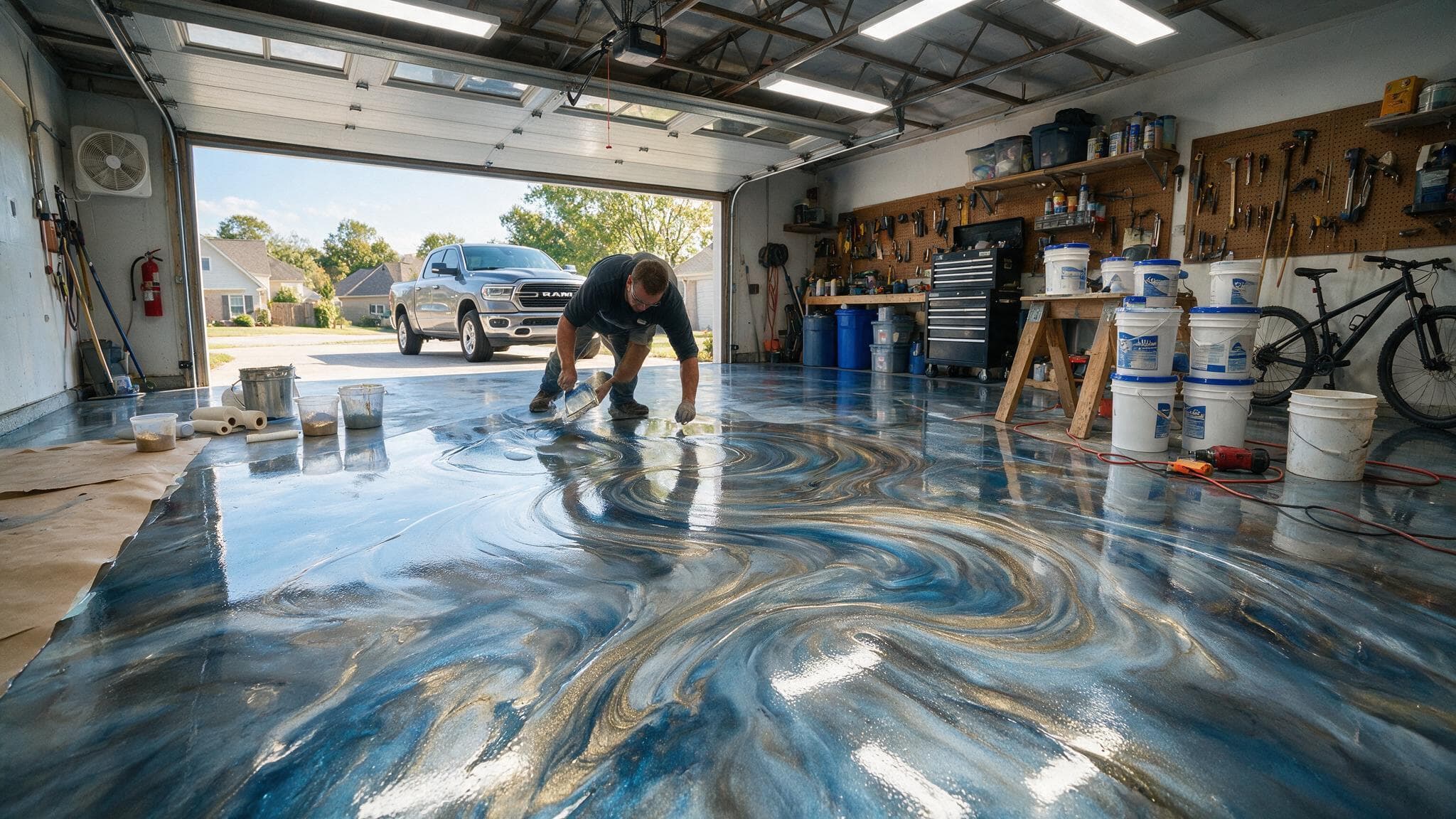 Metallic epoxy installation process Charlotte NC — creating swirl pattern in wet base coat