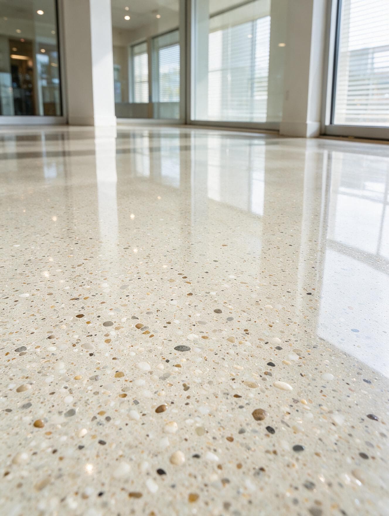 Polished concrete floor detail Charlotte NC — high-gloss finish with aggregate visible