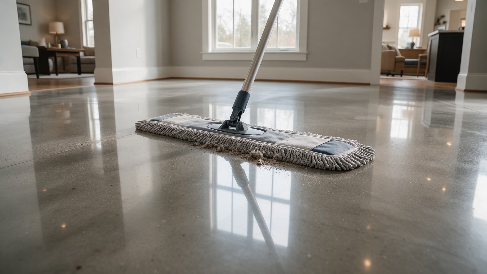 Microfibre dust mop across a reflective polished concrete floor in a Charlotte NC interior