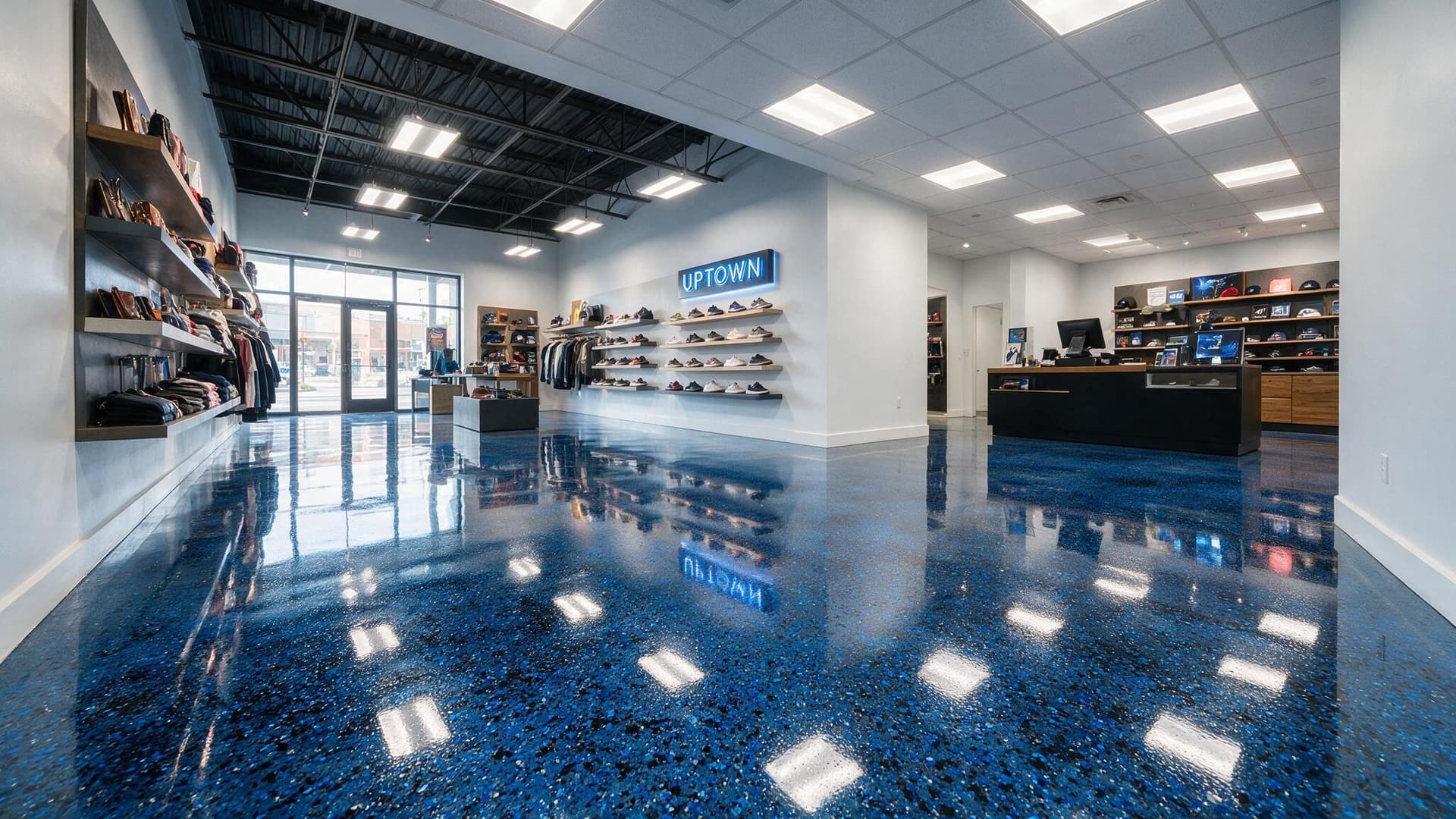 Harbor Blue commercial flake epoxy floor in Charlotte NC retail space