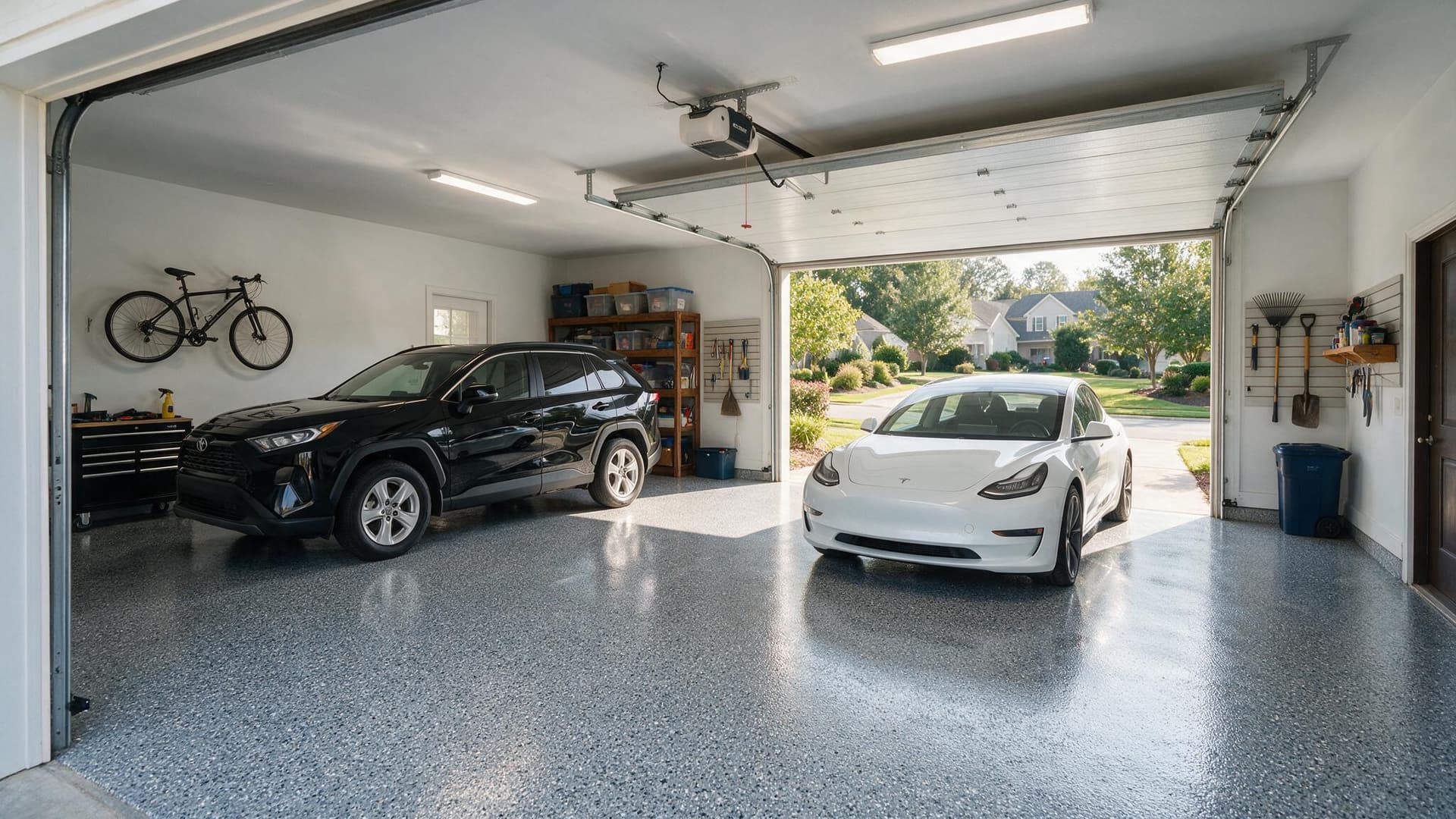 Storm Grey flake epoxy floor installed in Charlotte NC garage