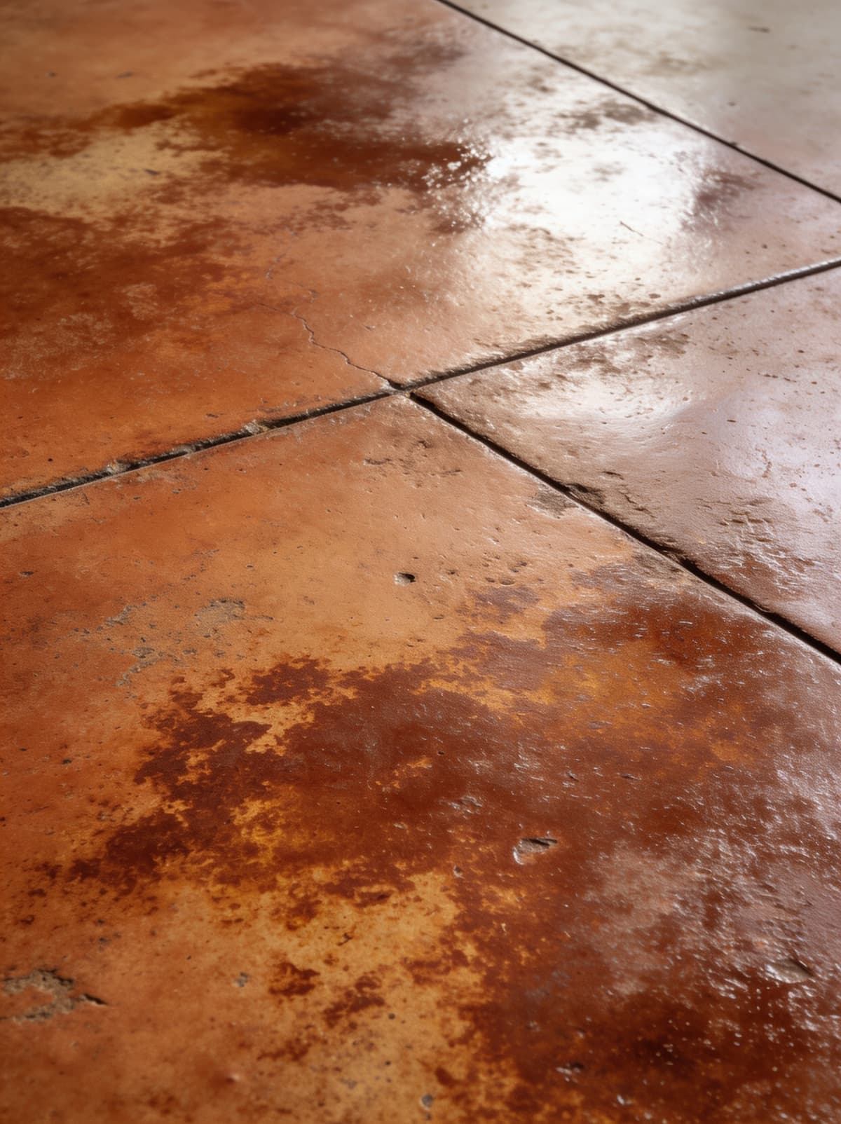 Close-up of acid-stained concrete floor — terracotta and brown tones, sealed finish
