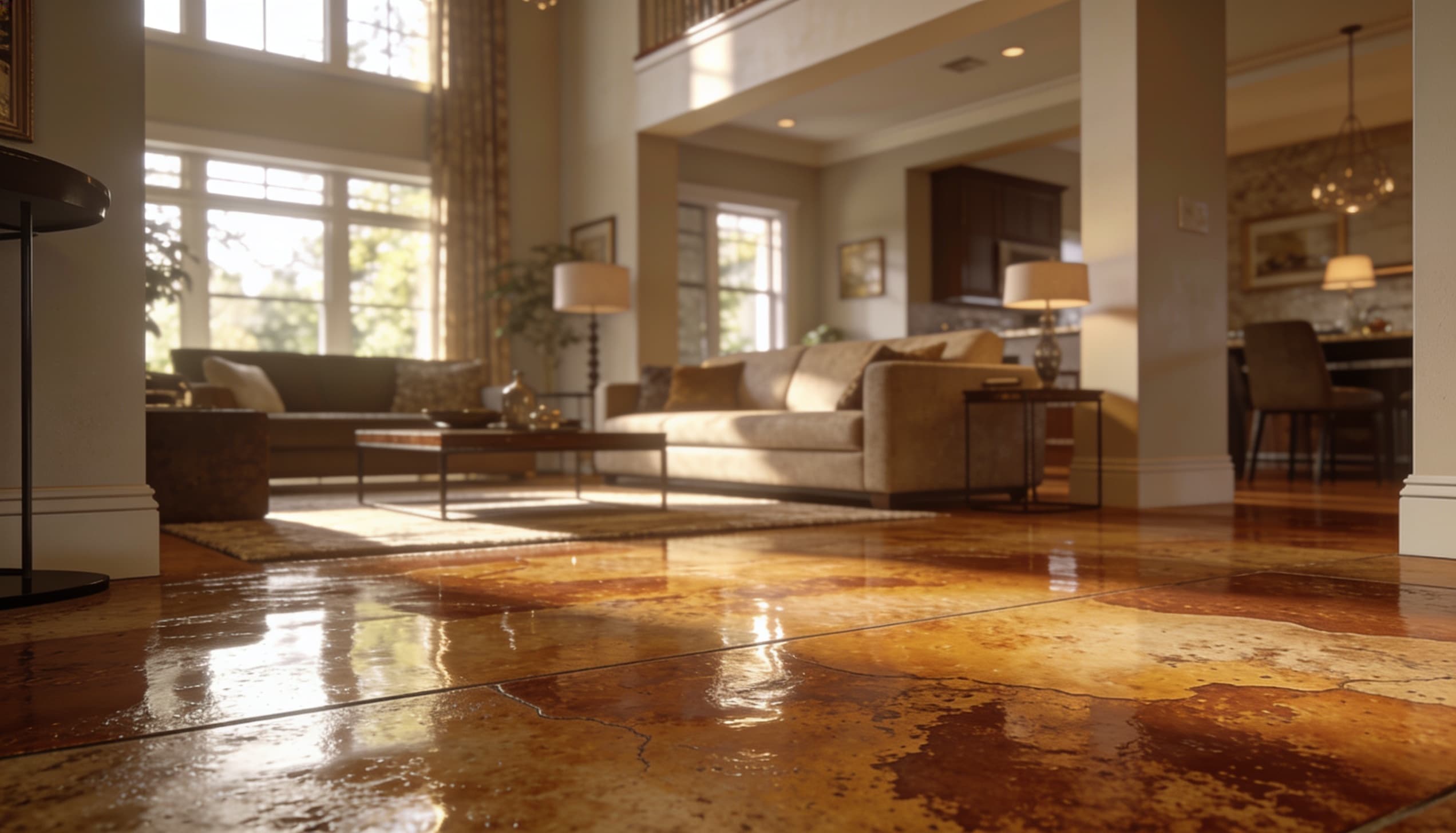 Decorative acid-stained concrete floor in Charlotte NC home — Charlotte Epoxy Pro