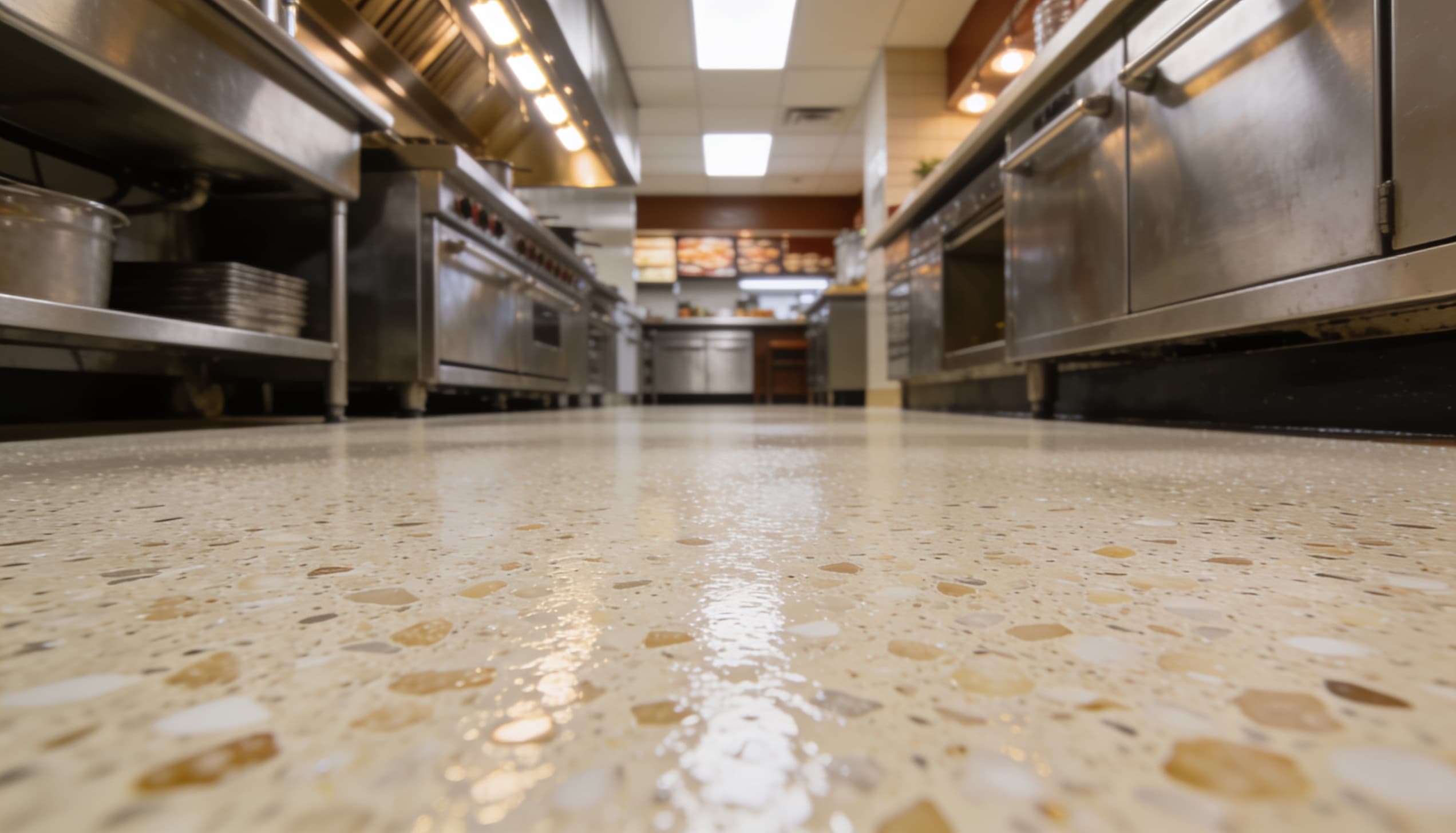 Quartz epoxy floor coating installed in Charlotte NC commercial kitchen — Charlotte Epoxy Pro